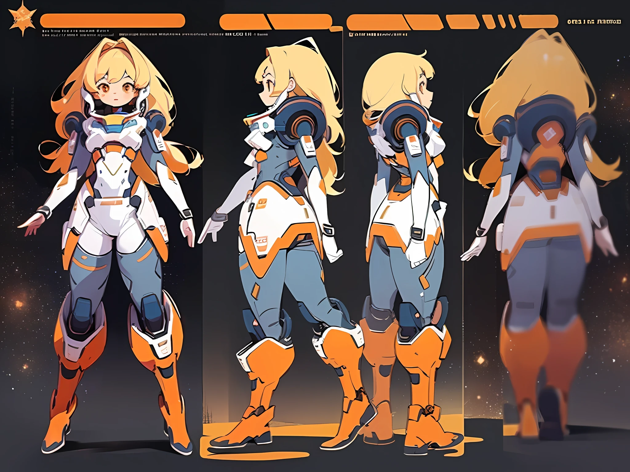 ((masterpiece)), (((best quality))), (character design sheet, same character full body, front, side, back), Illustration, 1 girl, dancer ,deep orange messy long hair, slanted eyes, environment change, pose kota,mars , female, decorted colorful heavy space suits, stars, charturnbetalora, (simple background, white background: 1.3) ,--6