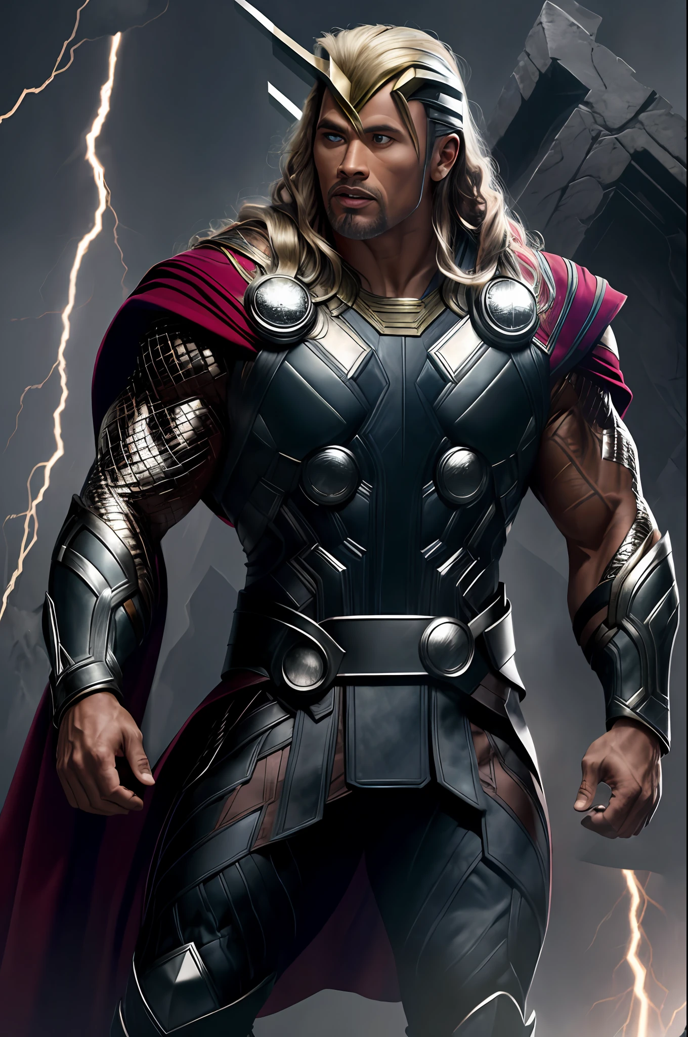 (16k, foto RAW, melhor qualidade, obra-prima: 1.2), ultra-detalhado, arte formal, foto realismo: 1.37, foto do corpo inteiro, (homem, beleza ,( Dwayne Johnson)film grain, villain action pose ((Thor em Asgard))detalhes