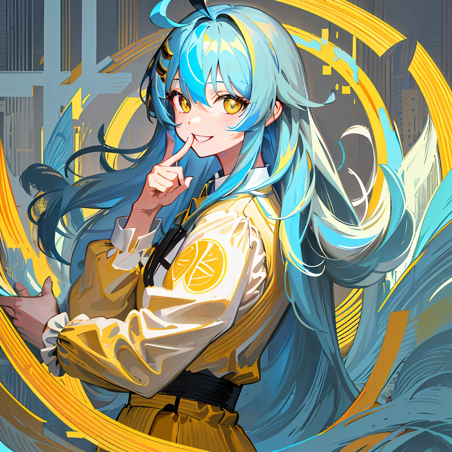 Detailed,Best quality,Masterpiece,illustration,the wallpaper,1girll,Solo,long sleeve trousers,:D,Smile,eyes liner,Long hair,Light blue hair,(ahoge:1.2),hair between eye,Gray inner hair,
Yellow eyes,view the viewer,Dimly lit