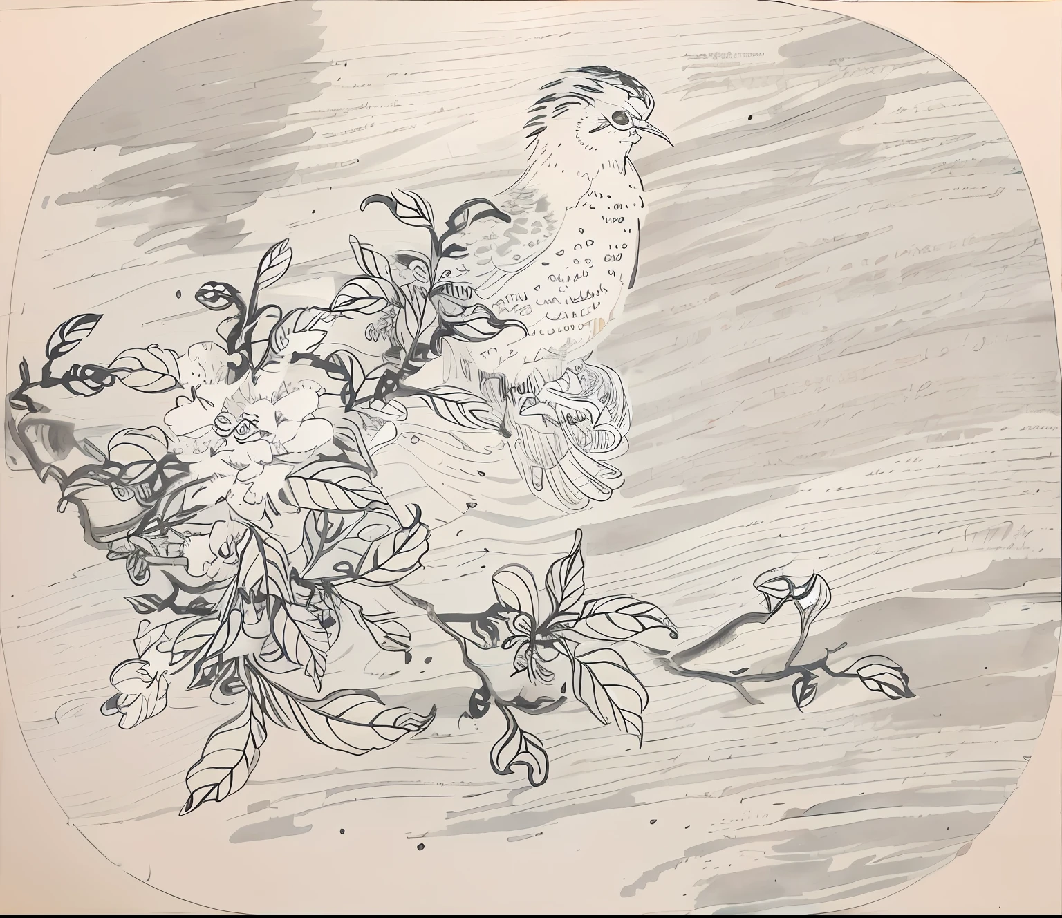 Painting of a bird sitting on a branch, detailed line drawing, Line drawing, realistic line drawing, inspired by Ryōhei Koiso, intricate line drawing, inspired by Katsushika Ōi, contour drawing, clean ink detailed line drawing, inspired by Masamitsu Ōta, highly detailed linework, Outline sketch, inspired by Xie Shichen