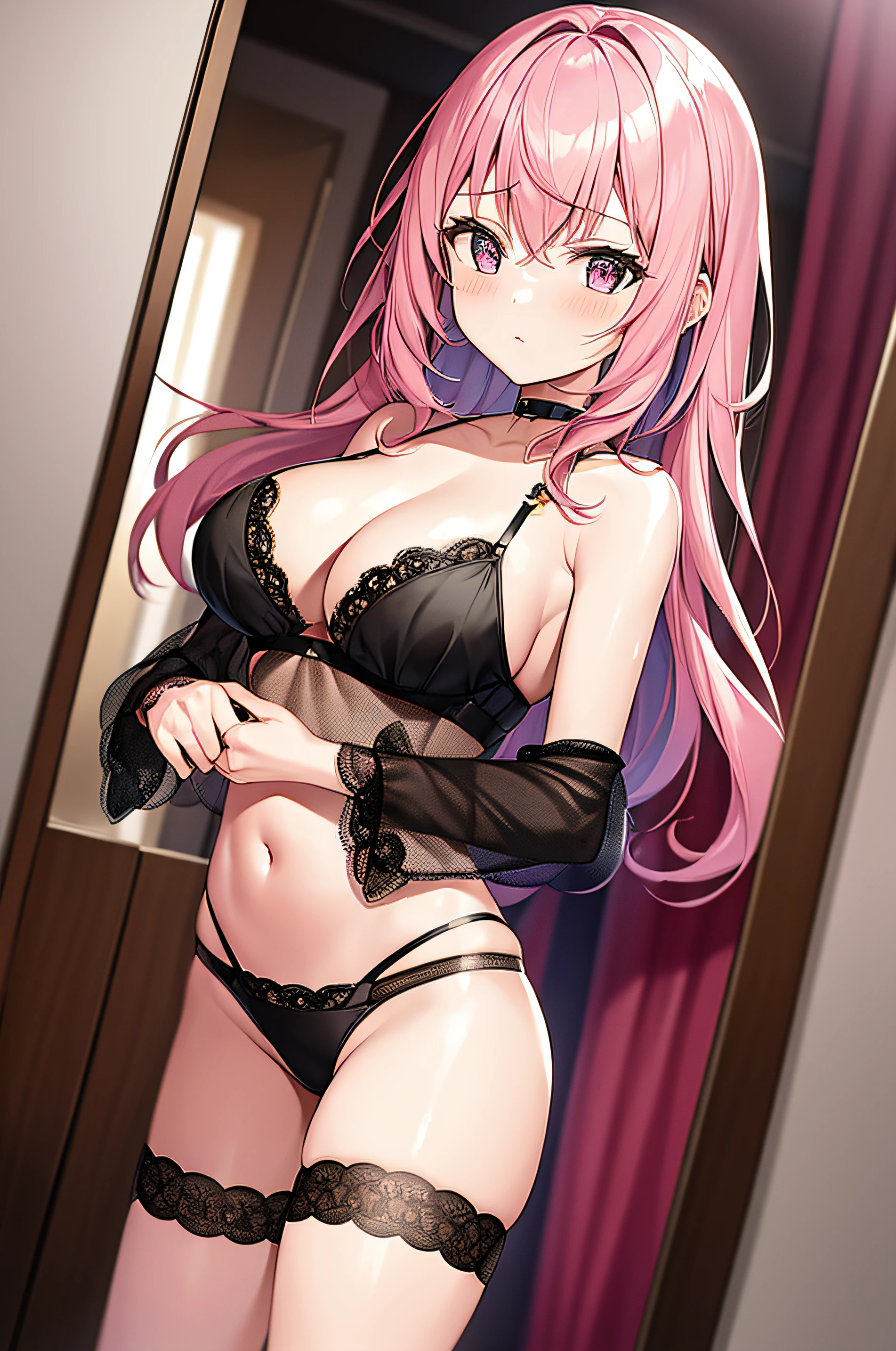 1girl in,Pink hair,an lingerie