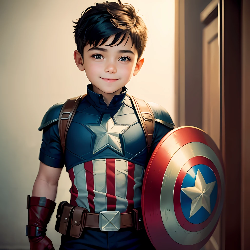 A young boy with,of a real,Marvel movies,captain america,Make a smile