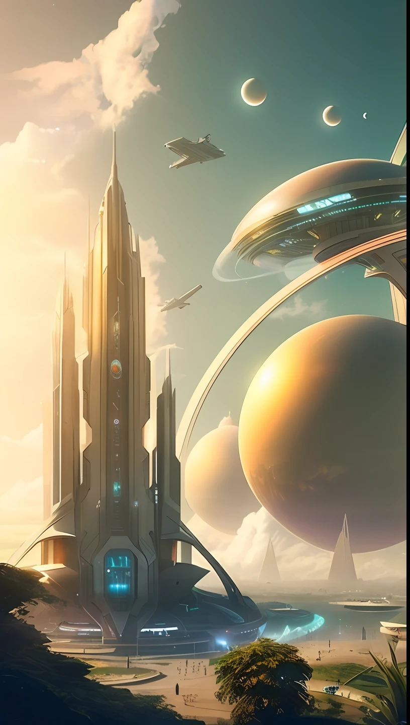 futuristic city with a futuristic spaceship and a futuristic building, in fantasy sci - fi city, planetary city, science fiction city, futuristic utopian fantasy, arstation and beeple highly, ancient sci - fi city, sci fi city, sci - fi city, retrofuturistic science fantasy, sci-fi fantasy art, in style of beeple, an alien city --auto