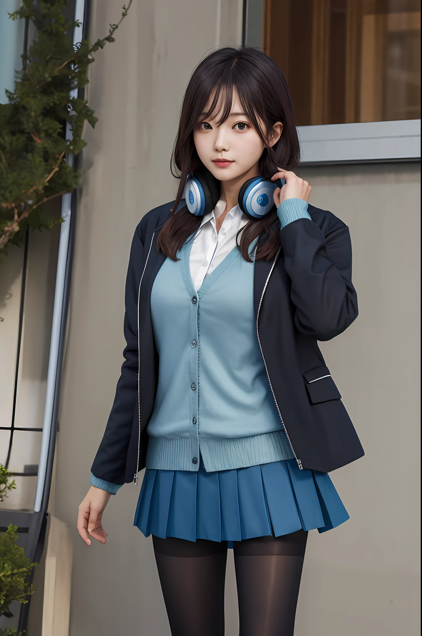 masterpiece, best quality, highres, nm1, headphones around neck, school uniform, long sleeves, blue cardigan, green skirt, pantyhose, black jacket, open jacket, cowboy shot, standing,