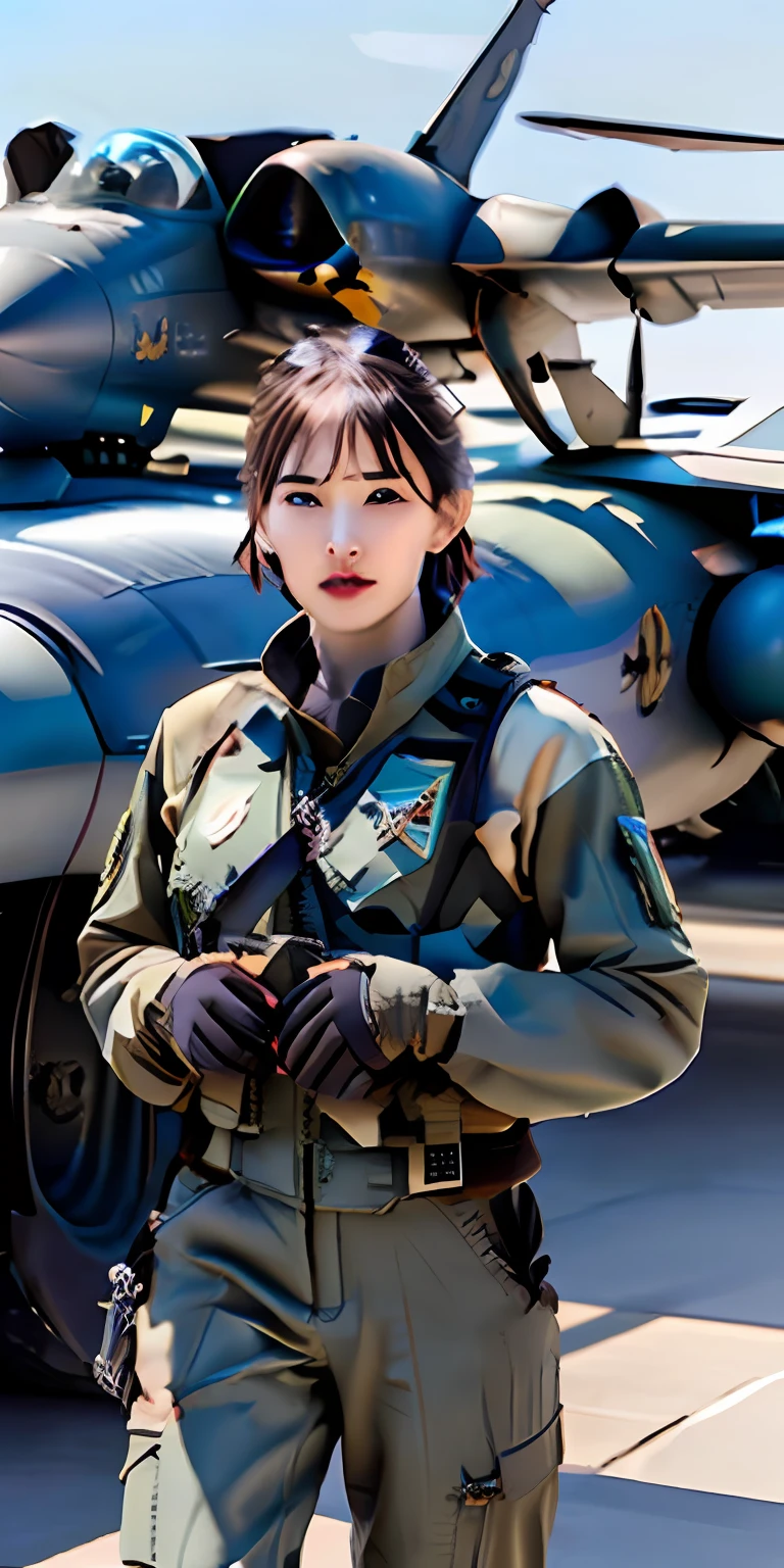 masterpiece,highres, highest quality,intricate detail,best texture,realistic,8k,soft light,perfect shadow, 
outdoor,sunny,airport,Fighter aircraft,fighter fleet,warehouse,
dajie,1girl,short hair,airforceUniform,airforce helmets,famous watch, cigar,sunglasses,thumb up,pistol on the waist,walking,