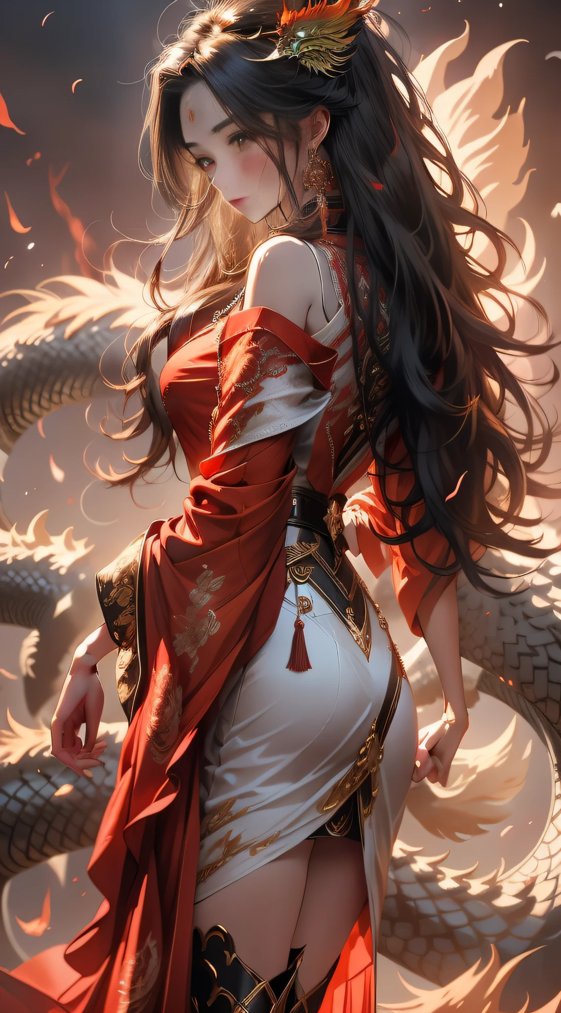 On a vast and boundless battlefield of ten thousand armies，The whole sky was filled with the smell of smoke and fighting。The smoke is thick，A young girl in a gorgeous suit stands proudly on the battlefield。She holds an ancient longbow carved with a dragon pattern，Exudes an air of mystery and majesty。 The girl's long hair is like a dark ribbon in the night，Gently fluttering behind her slender body。Her clear eyes are like stars in the night sky，Shining with firmness and wisdom。On her pale and delicate face，There is a looming sense of perseverance and determination。 She was dressed in red，The red robe was embroidered with a golden flame phoenix，It seems to have life，Burning with a blazing flame。The phoenix tail feathers bloom with a brilliant and colorful brilliance，Sparkling with gold and red sparkles，Behind her formed a beautiful and spectacular long tail of brilliance。 At the feet of the maiden，Countless arrow feathers flew one after another，Each arrow feather blooms with a brilliant flame like the wings of a phoenix。These wings of flame streaked through the air，Roaring like a blazing fire，Disperse all enemies for her。 Enemies on the battlefield，Frightened by her majesty，It was as if the incarnation of the phoenix god had descended to earth。The girl stands proudly among the armies，As if the god of war，Fight for justice and victory with her arrows。Her eyes shone with challenge and triumph，Resolve to banish all evil from the world。 It's a battle that has stood through the ages，Presented in the world of 3D anime in ancient Chinese style，The special effects are dazzling and gorgeous，It seems to make people mistakenly think that they are in the midst of myths and legends。This maiden with a longbow uses her great strength and brilliant arrows，Tear with the spark of the flame phoenix
