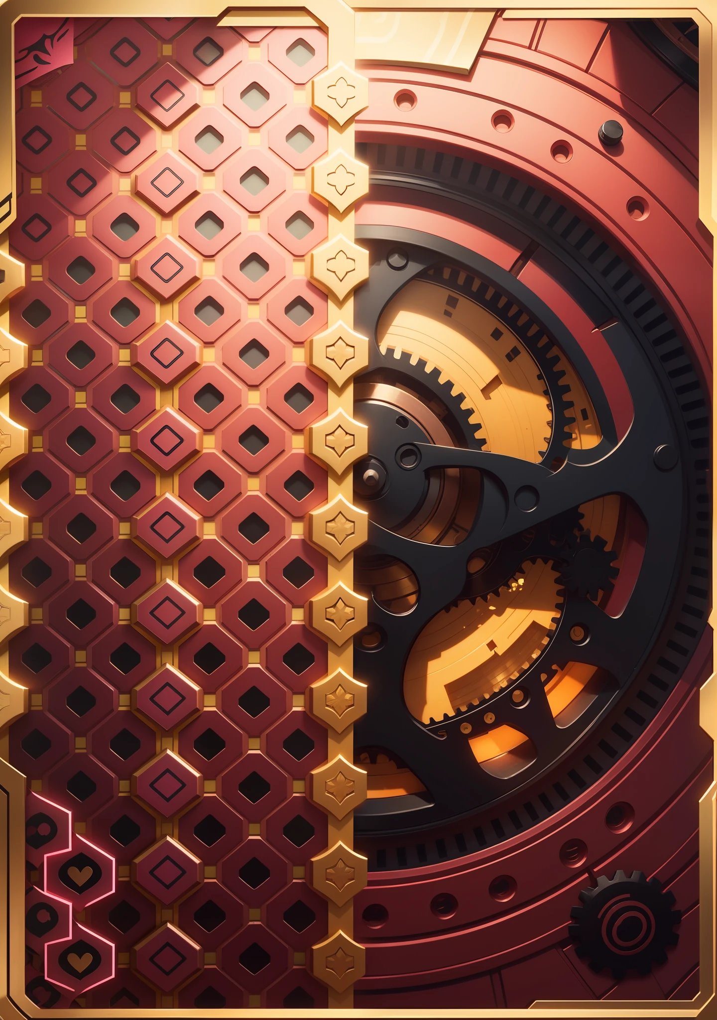 The translucent pink color on the left half of the card has a black pattern,The right half is a gold and orange mechanical gear,Draw a card