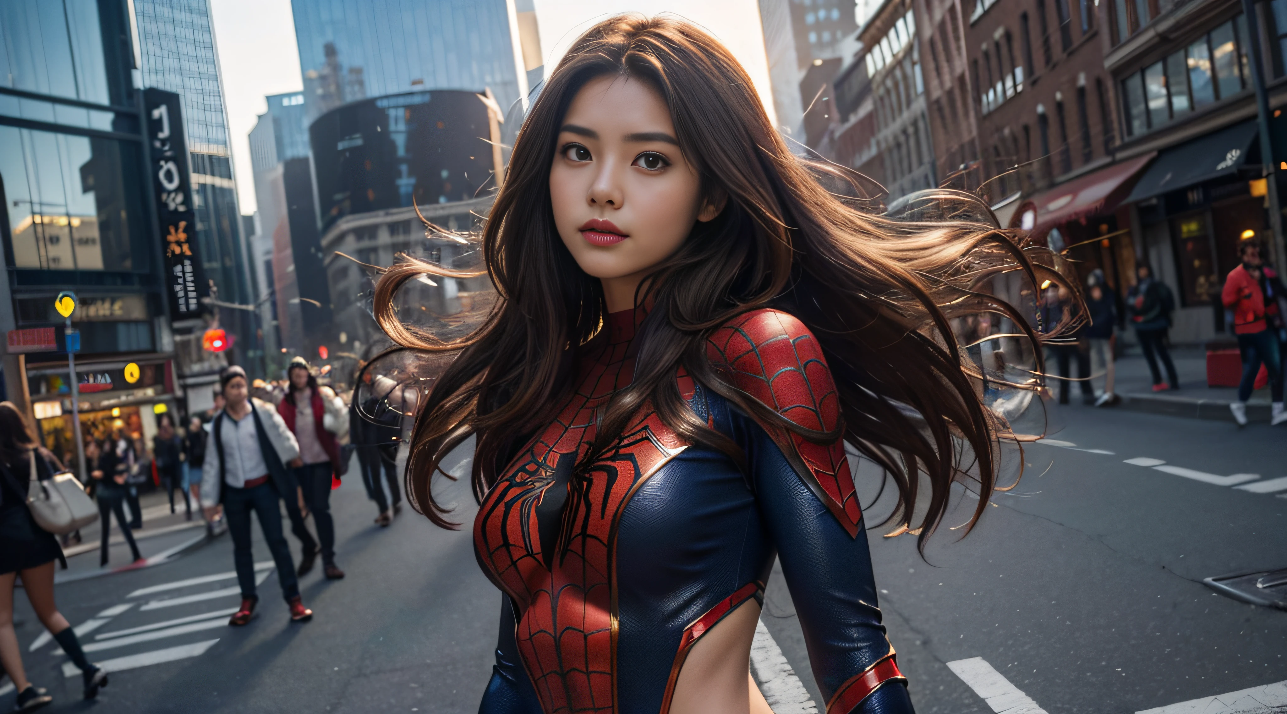1girl, (photorealistic: 1.5) perfect body, long hair, (brown in color), spiderman costume, (((city setting))), city detail, (extra bust: 1.2), body detail, city detail, sunshine
