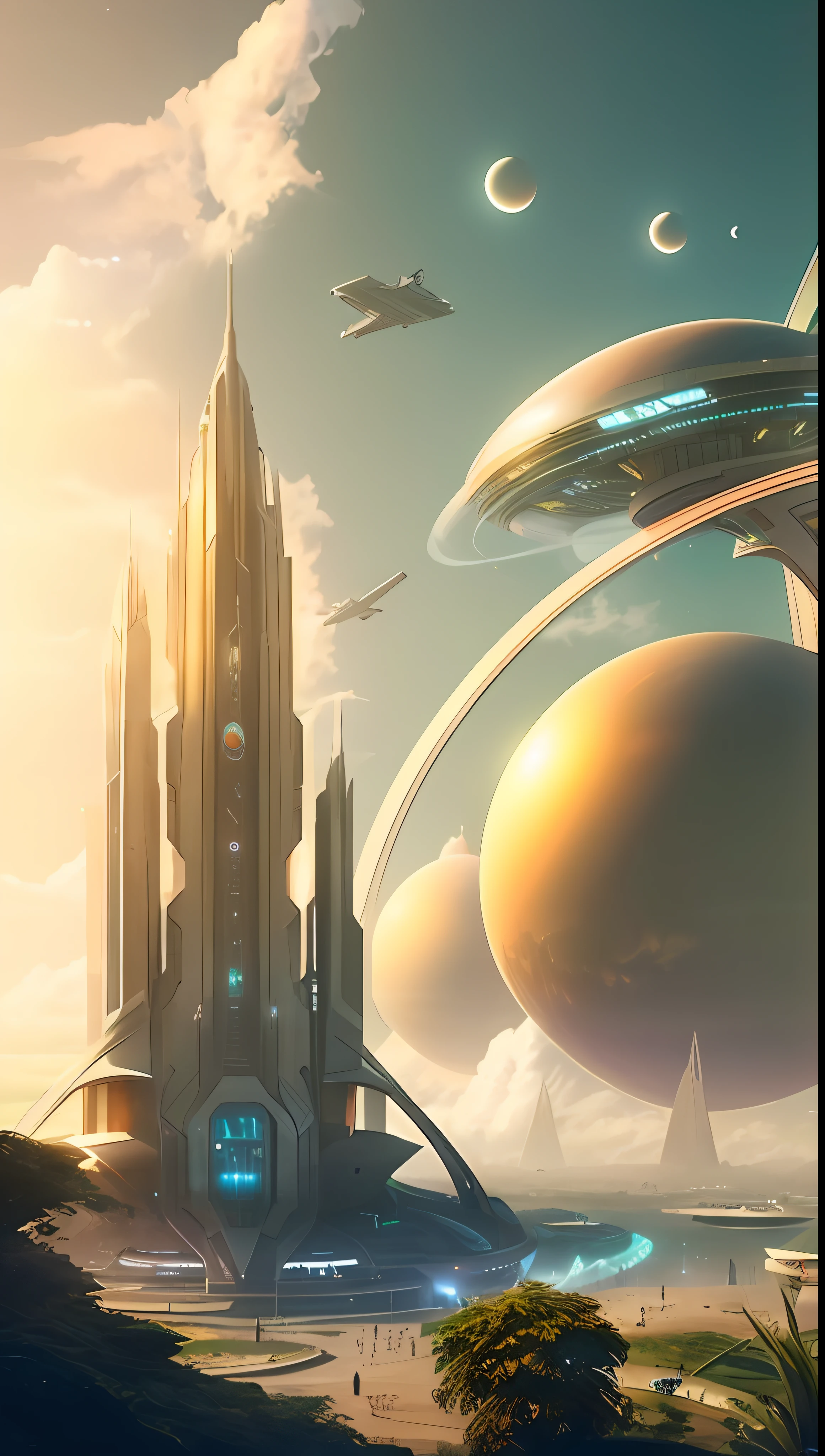 futuristic city with a futuristic spaceship and a futuristic building, in fantasy sci - fi city, planetary city, science fiction city, futuristic utopian fantasy, arstation and beeple highly, ancient sci - fi city, sci fi city, sci - fi city, retrofuturistic science fantasy, sci-fi fantasy art, in style of beeple, an alien city --auto