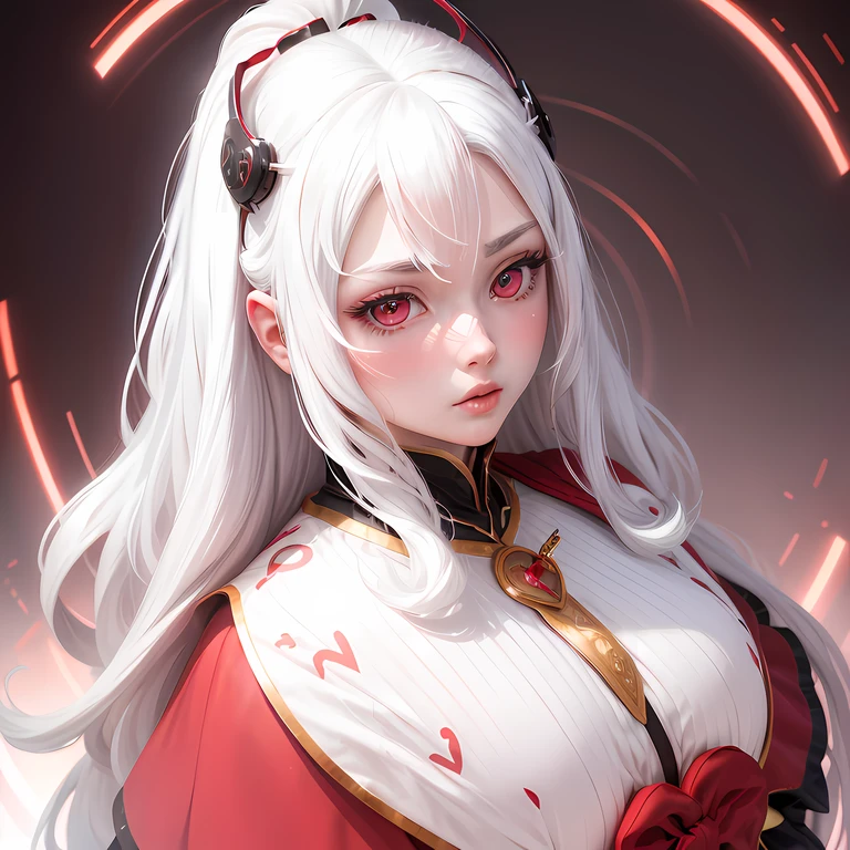 white hair, red eyes, solid circle eyes, blush, mouth hold, hair over shoulder, heart ahoge, anime, UHD, high details, best quality, highres, 1080P