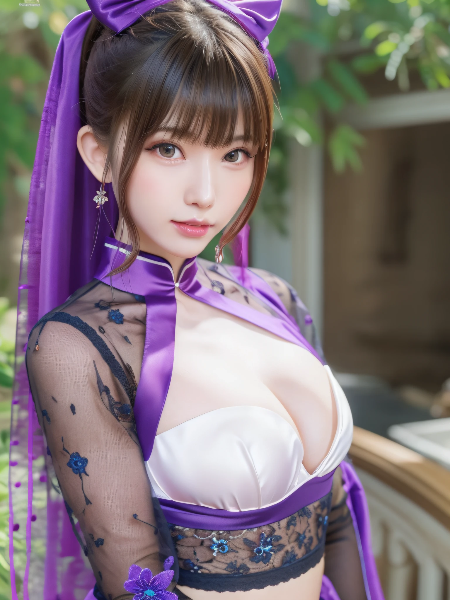 1 beautiful girl in Han costume, thin purple silk shirt with white color with many textures, white lace top, long platinum purple ponytail, Hair Jewelry, ear jewelry, light purple rabbit ears, necklace and necklace, meticulously drawn large purple eyes, meticulous makeup, Thin eyebrows, High Nose, lovely red lips,  ((The best smile))、wide breasts, Big breasts , well-proportioned bust, Slim waist, purple mesh socks, chinese hanfu style, fictitious art textures, vivid and realistic colors, ((RAW Photos)), ((Realistic Photos)), (((Ultra-high quality 8K))), (effective fantasy light effect: 1.8), ultradetailed eyes, girl body portrait, ancient hanfu background,