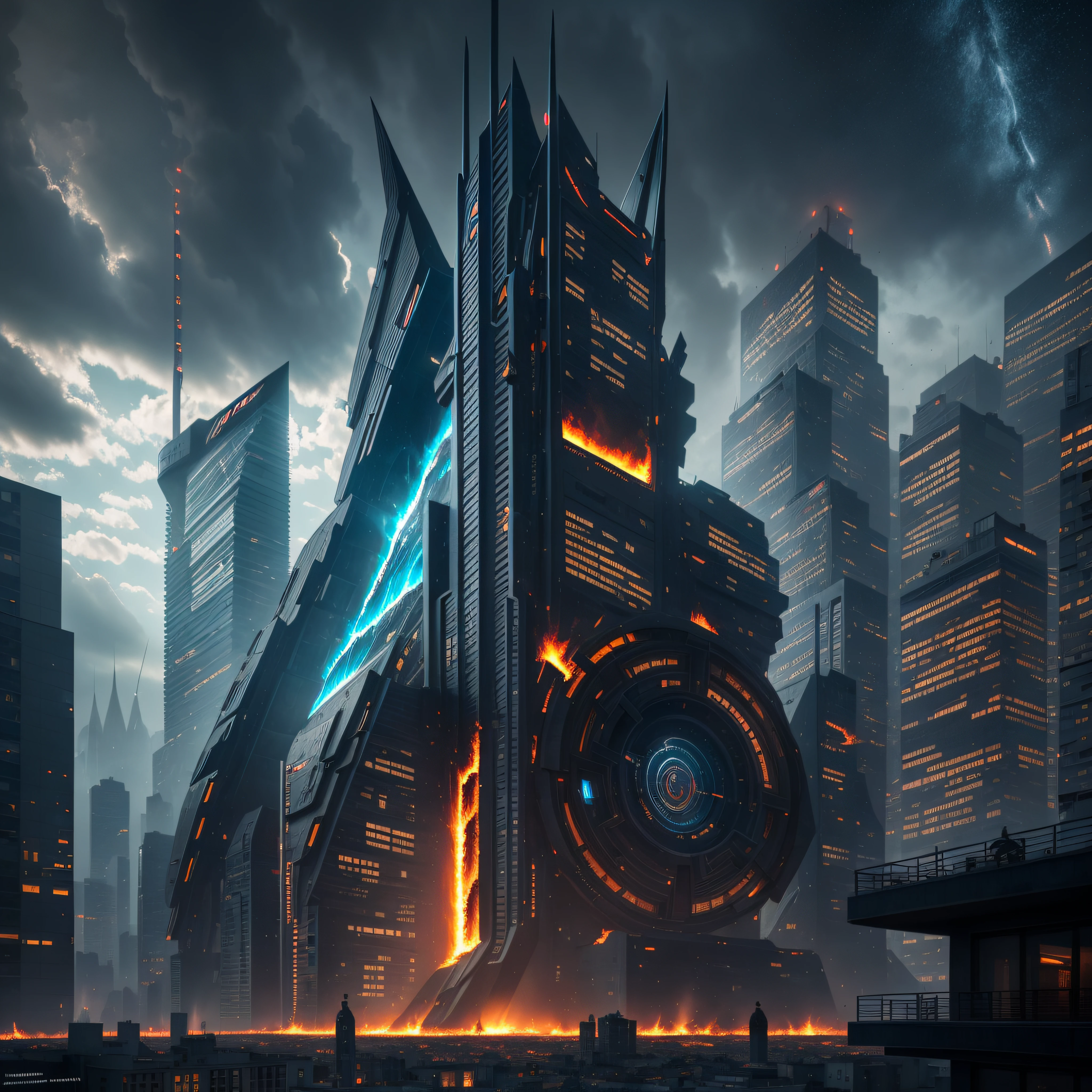 Generate a stunning image of a dystopian city of the future with a cybernetic and futuristic style. Buildings have amazing architectural designs, with avant-garde shapes and cybernetic details. Some of the giant monuments feature figures of aliens or extraterrestrial elements integrated into their design., creating a sense of chaos and drama. The city is illuminated by the rays of a storm. En el horizonte, Fire looms that adds a dramatic touch to the scene. fotorrealista, hiperrealista, Super detailed, intrincado, dramatic, 24 mm, f2.8, plano general, fotorrealista, hiperrealista, orante, super detailed, intrincado, dramatic, dusk lighting