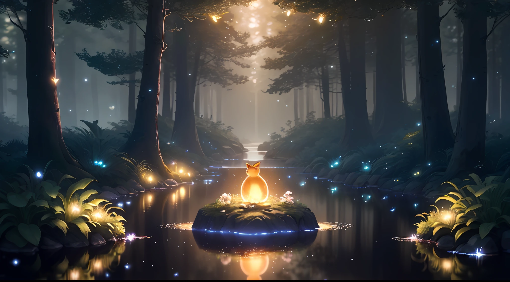 Masterpiece, best quality, (very detailed CG unity 8k wallpaper), (best quality), (best illustration), (best shadows), glow sprite, with a glowing deer, in the swimming pool Drinking water, natural elements in the forest theme. Mysterious forest, beautiful forest, nature, surrounded by flowers, delicate leaves and branches surrounded by fireflies (natural elements), (jungle theme), (leaves), (twigs), (fireflies), (particle effects) etc. 3D , Octane rendering, ray tracing, super detailed