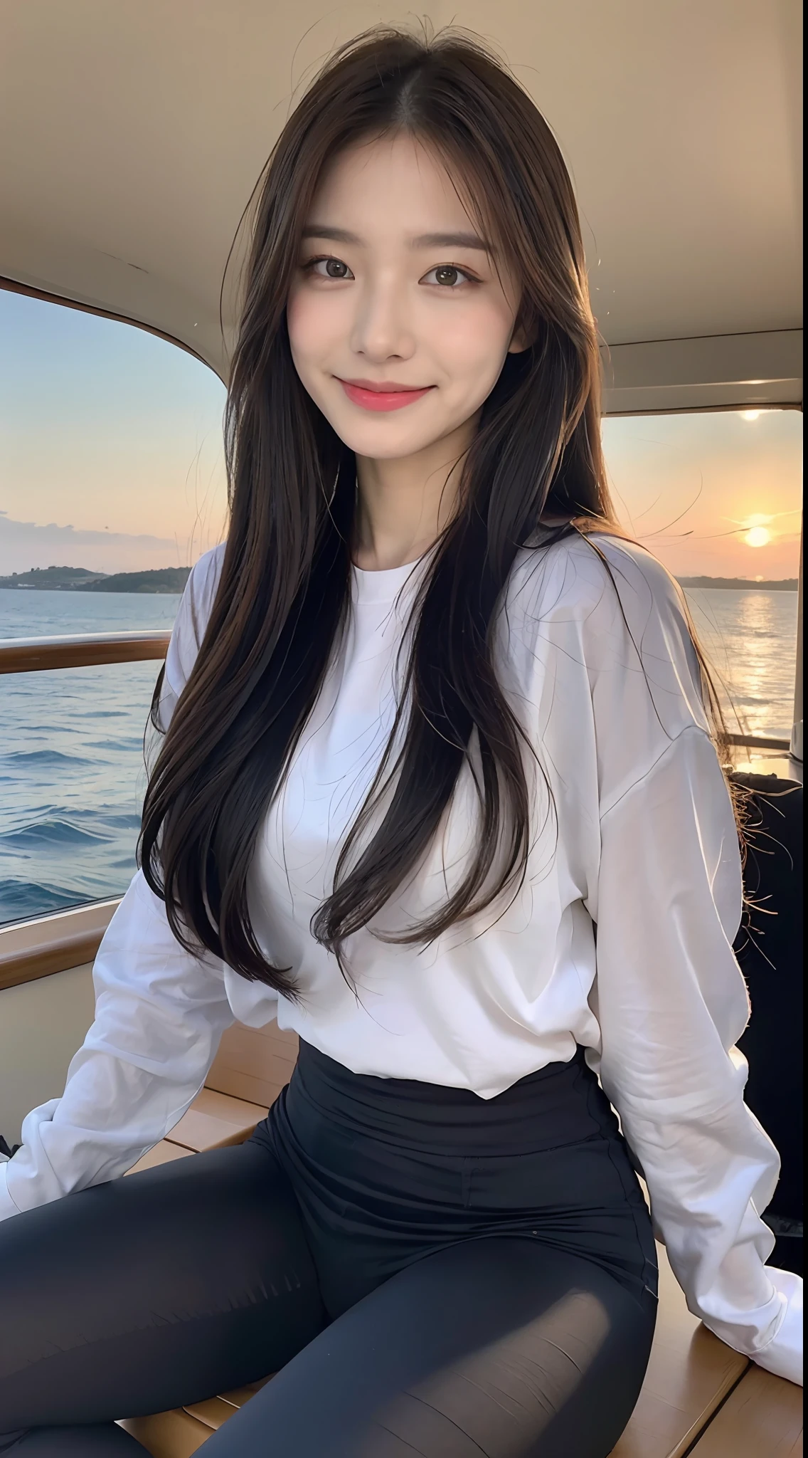 (1 Korean star with royal sister style), ((Best quality, 8K, 巨作: 1.3)), focal point: 1.2, Perfect body proportions: 1.4, (Make a smile), (Sunset: 1.3), Watery eyes, Highly Detailed Face and Skin Textur, Fine eyes, Double eyelids, Whitens the skin, (long whitr hair, Air bangs: 1.3), (Round face inches: 1.5), (Yoga pants tights), (Sketch 1:2,) (On a yacht at sea,The whole picture of the yacht,Half-sitting,baiyun,suns,The scenery is exceptionally beautiful),Third Person View。