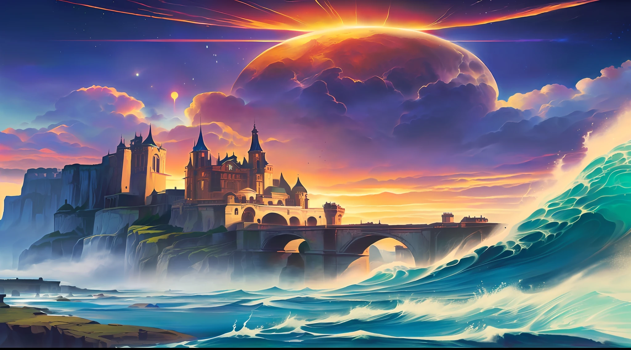 Anime castle on a cliff overlooking the Great Waves, fantasy sea landscape, epic fantasy novel cover art, Beeple e Tim Hildebrandt, fantasy book illustration, Fantasy castle, Realistic fantasy illustration, Fantasy art style, epic fantasy sci fi illustration, Detailed fantasy illustration, Arte do Jogo de Cartas de Fantasia, an immense floating castle, Stylized urban fantasy artwork, science fantasy painting