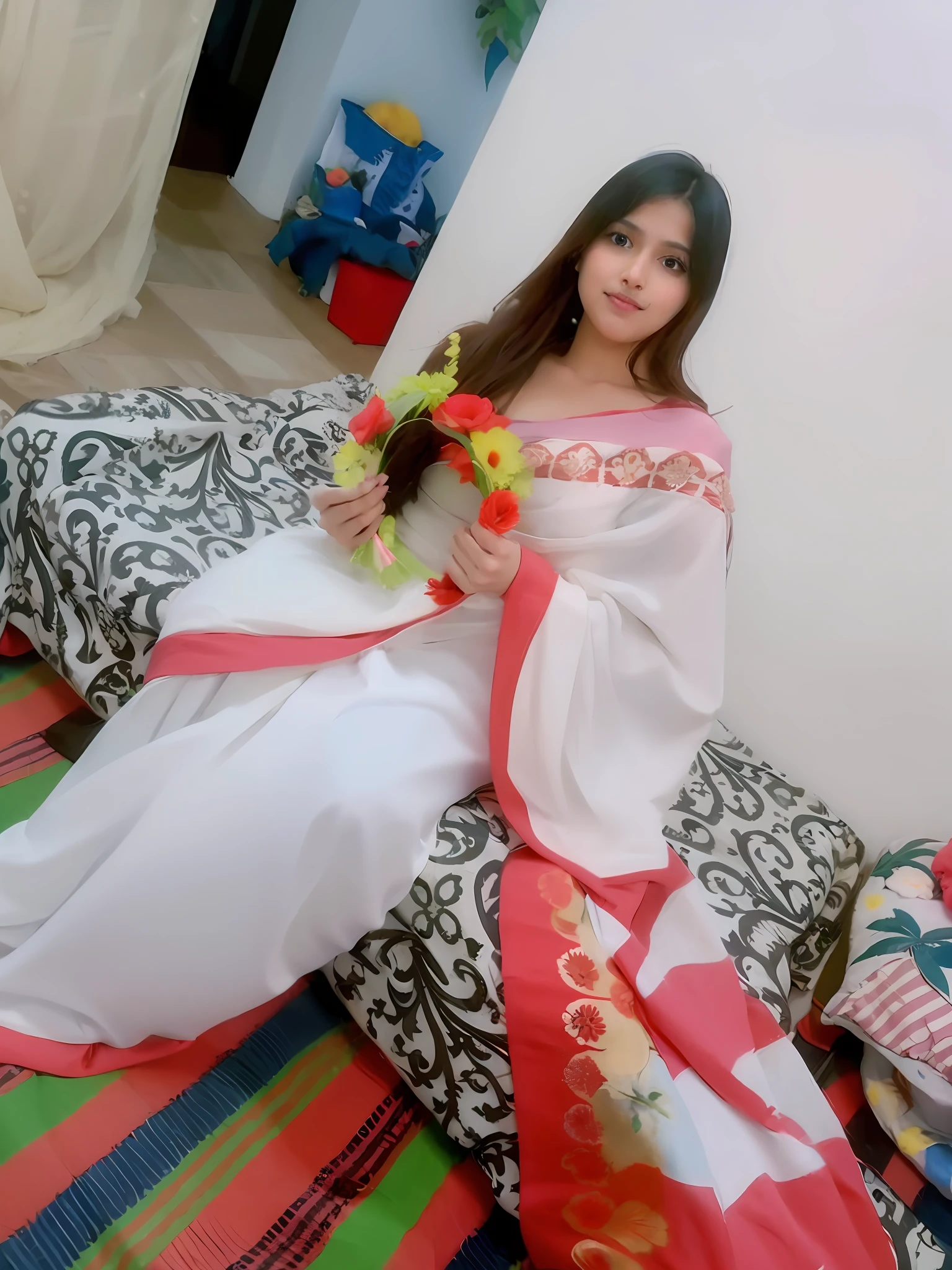 araffe woman in a white dress sitting on a bed with a flower, traditional beauty, very beautiful girl, very beautiful enga style, with lovely look, very very beautiful woman, lovely woman, very beautiful woman, very extremely beautiful, very attractive and beautiful, indian, attractive girl, indian goddess, assamese aesthetic, very pretty model, very beautiful