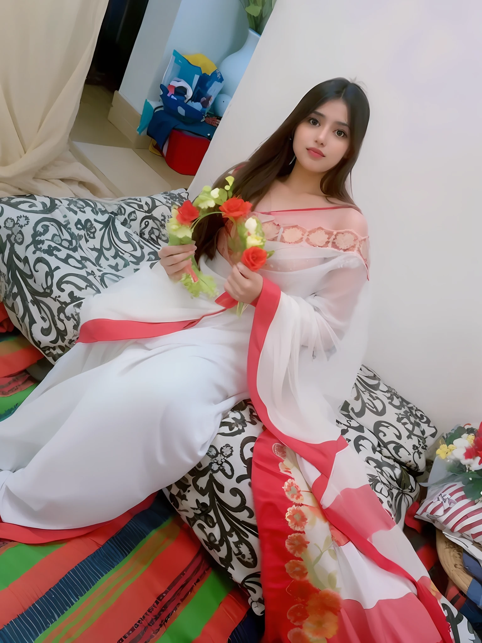 araffe woman in a white dress sitting on a bed with a flower, traditional beauty, very beautiful girl, very beautiful enga style, with lovely look, very very beautiful woman, lovely woman, very beautiful woman, very extremely beautiful, very attractive and beautiful, indian, attractive girl, indian goddess, assamese aesthetic, very pretty model, very beautiful