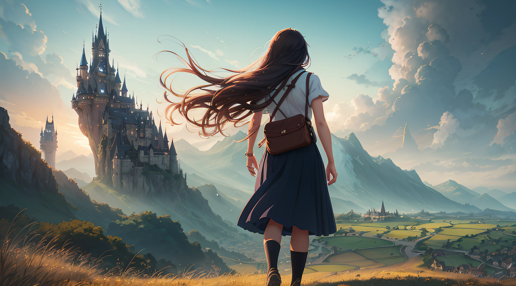 There is a woman walking on a hill with a castle in the background, makoto shinkai cyril rolando, fantasy matte painting,Cute, 2. 5 d cgi anime fantasy artwork, a beautiful artwork illustration, young adult fantasy novel cover, artwork in the style of guweiz, Anime Girl with Long Hair, realistic fantasy illustration