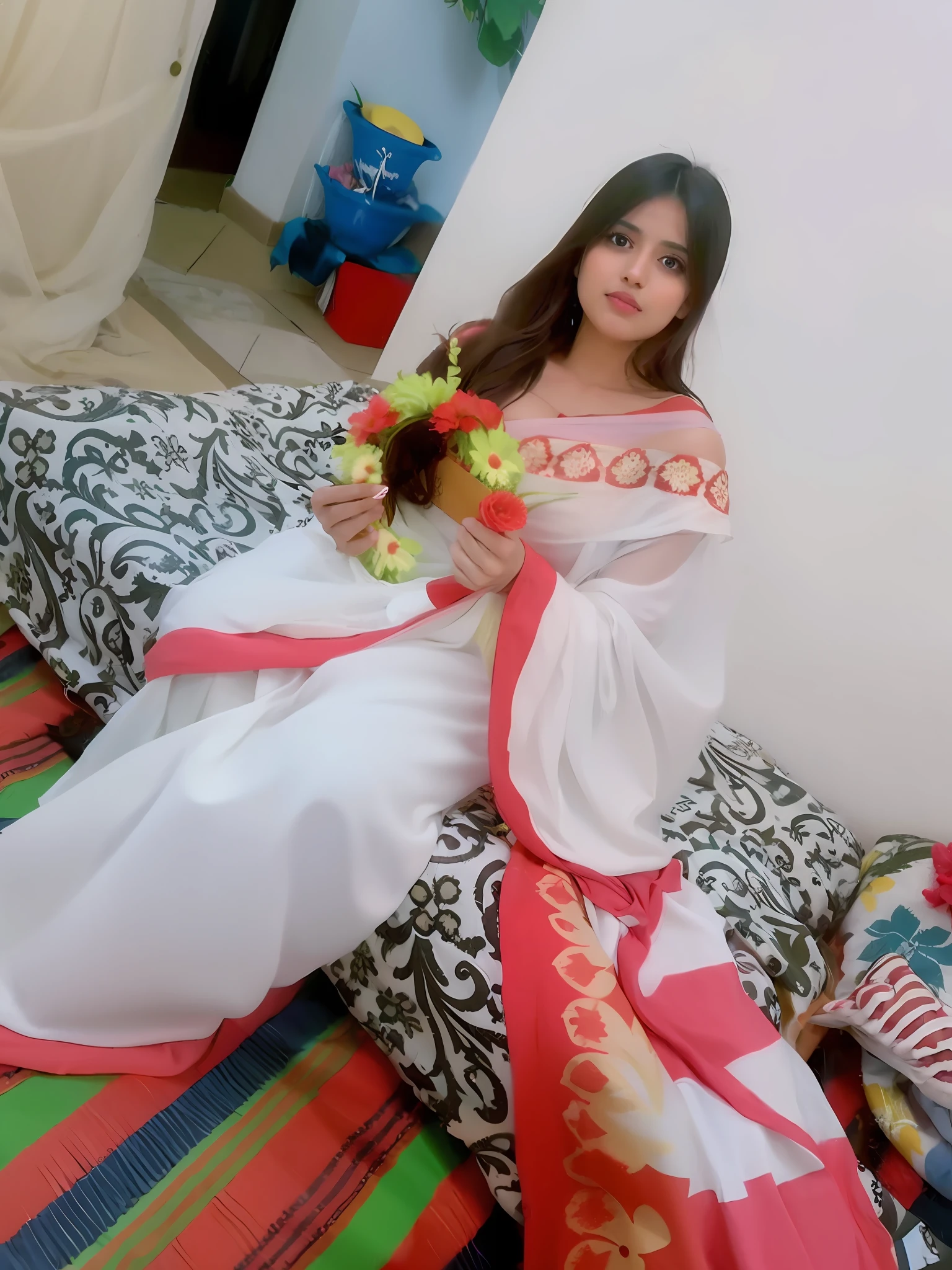 araffe woman in a white dress sitting on a bed with a flower, traditional beauty, very beautiful girl, very beautiful enga style, with lovely look, very very beautiful woman, lovely woman, very beautiful woman, very extremely beautiful, very attractive and beautiful, indian, attractive girl, indian goddess, assamese aesthetic, very pretty model, very beautiful