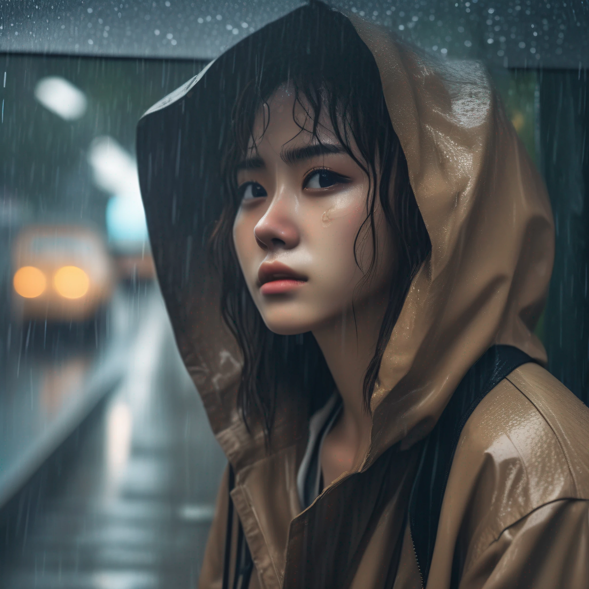 This is a photo taken from a slightly lower position of the whole body of a woman sheltering in the rain at a bus stop during a sudden heavy rain. She resembles a K-pop idol, with slightly drooping, rounded eyes, eyebrows gently slanting downwards towards the outer corners, and foggy eyes adorned with natural makeup. Her beautiful layered brown hair has both youth and beauty, she wears a white button-up long shirt with all the buttons unbuttoned, her whole body is soaked, and water droplets shine on her beautiful skin. She has large earrings in her ears and a sparkling necklace on her chest, adding a refreshing sensuality to her overall look. She smiles with a shy expression while running her wet hair over her ears, and exudes sensual charm with her bust that also has an F cup, long and beautiful legs and a thin waist.