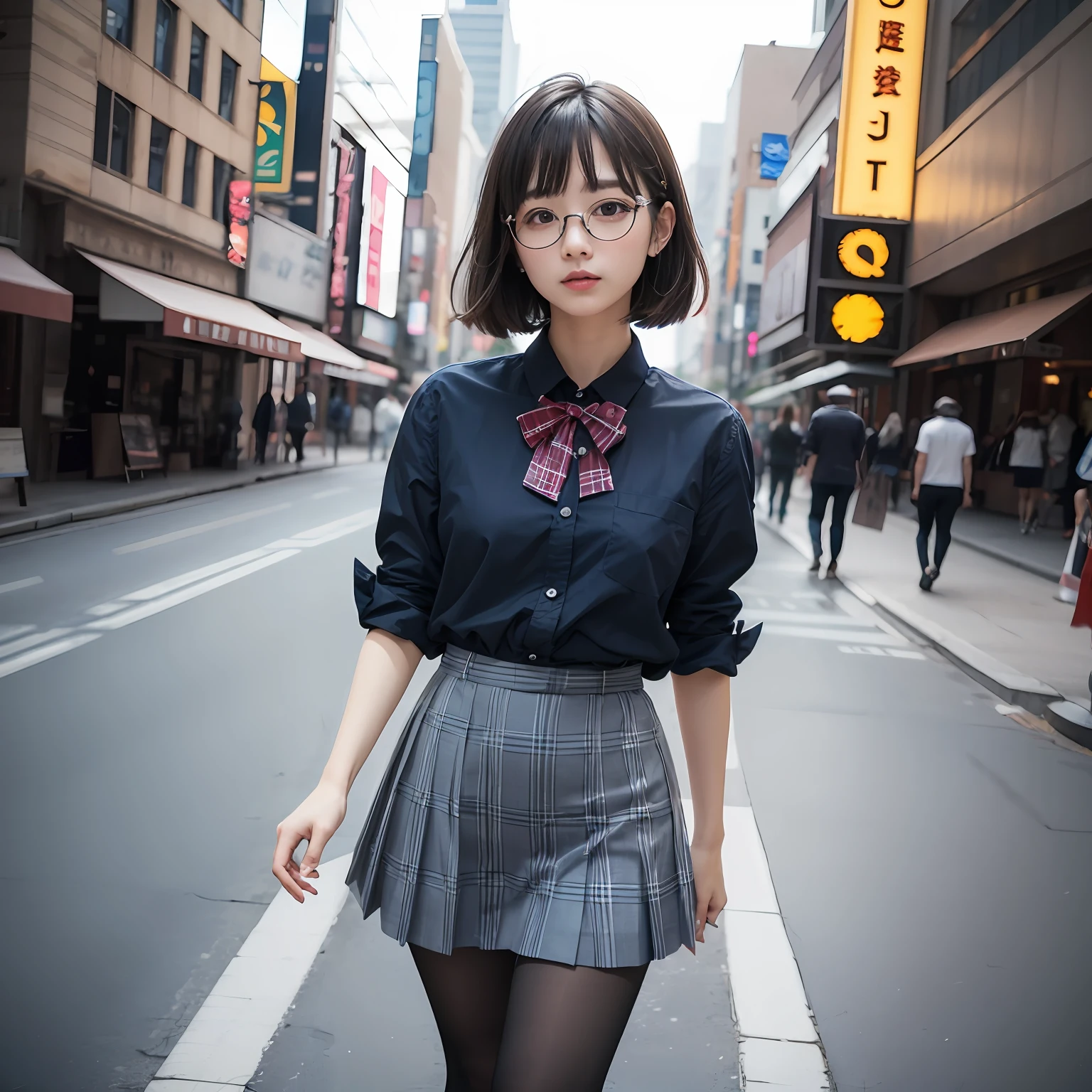 (8K、Raw photography、top-quality、masterpiece:1.2),full body Esbian,masterpiece,top-quality、超A high resolution,Raw photo,ren,Beautiful fece,shorth hair,One Person, 独奏,eye glass,,Dark look,Small breasts,fullllbody,Round glasses、cute little、A Japanese Lady,is standing,(Tight eyes,Bullish,skinny,Rasping,irate,small tits,flat breast)、(Photorealsitic:1.37)、Photon mapping,Light blue ribbon,Realistic、Cute little face,Brown-eyed、Black socks、Red bow tie、Radio City、Physically Based Rendering、Foreground、depth of fields、Blurry background、a picture,The girls、Body, Long legs, Thin leg, bob cuts,(Bangs are visible), hair, s lips, Blue_The eye, nosesoft, Light blue shirt, Navy blue and white plaid pleated skirt, Sheer clothing,, Thigh, Black cotton socks,Nogizaka Idol, 女優, Japanese ido