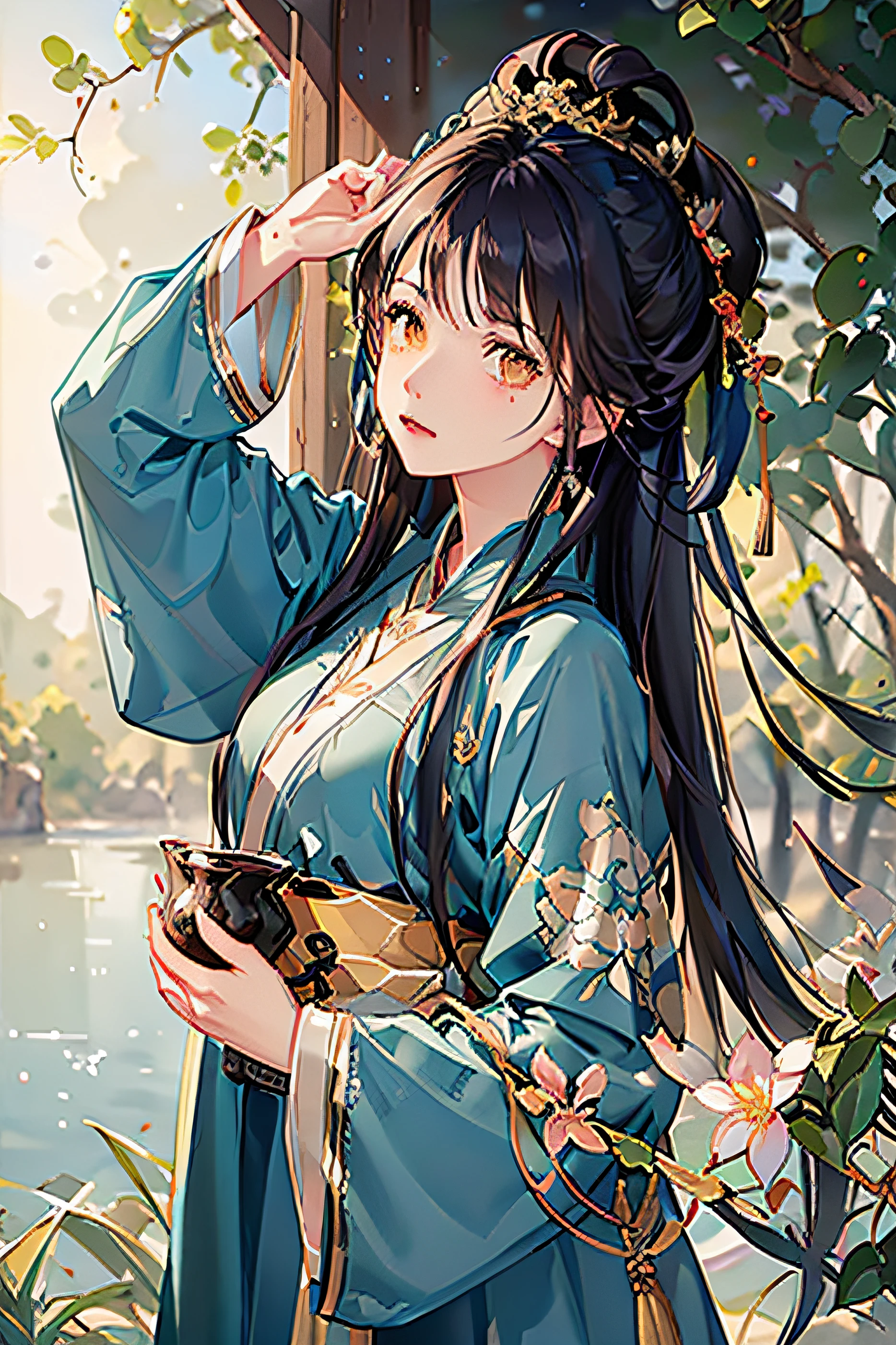 "Feast your eyes on this: a stunning masterpiece rendered in the highest quality possible. Intricate details abound, from the stunning beauty of the detailed water (weighted 1.4 for maximum impact) to the exquisite Hanfu and Tang style clothing. And what about those yellow eyes? Paired with the inclusion of a girl in a glass jar (weighted 1.1 for extra emphasis), this is truly a scene unlike any other!"