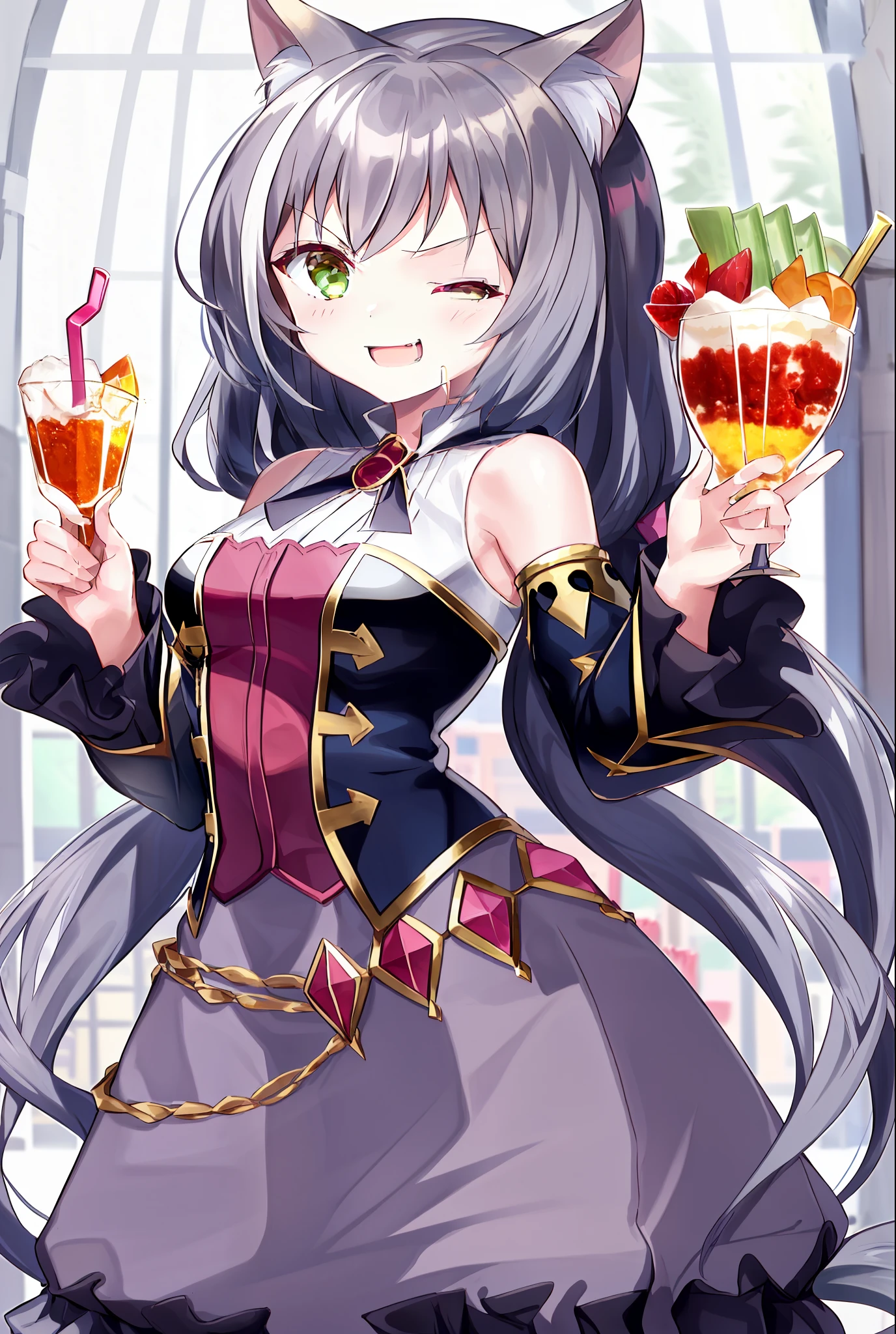 1girl, chibi,parfait,hand,drinking,v sign,beckoning,happy,love you,one eye closed