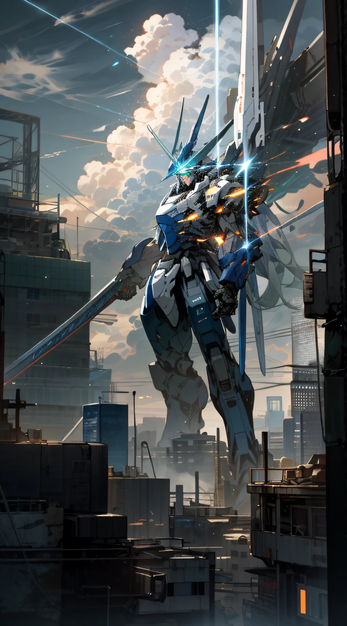 sky, clouds, holding_weapon, glowing, lasers, a man standing on top of a building, his back to the viewer, looking into the distance, giant robot, building, ruins, glowing_eyes, mecha, science fiction, city, reality, mecha