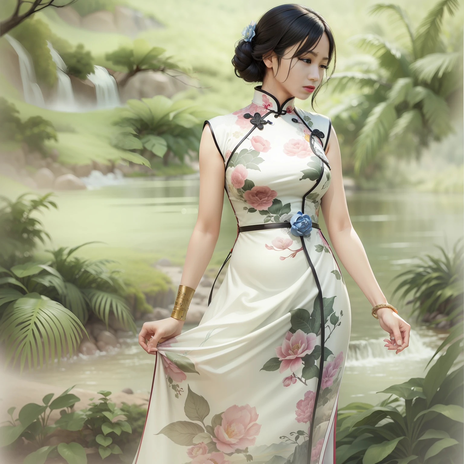 Real person photo quality,Landscape ink national style cheongsam,a matural female,Miaoman figure,k hd