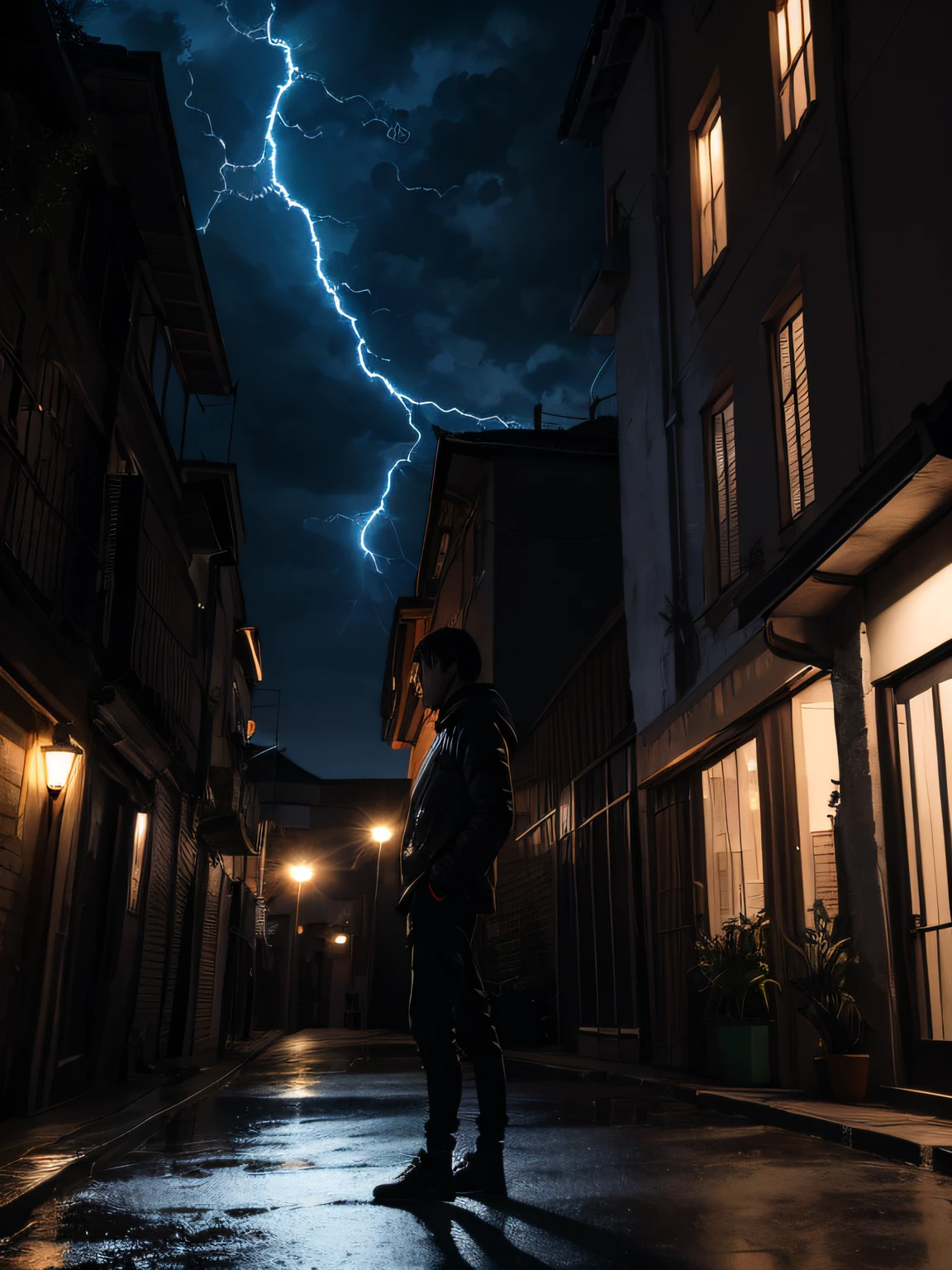 mtu，black color hair，standing on your feet，salama，Night scene，Iron cage，violent storm， --auto