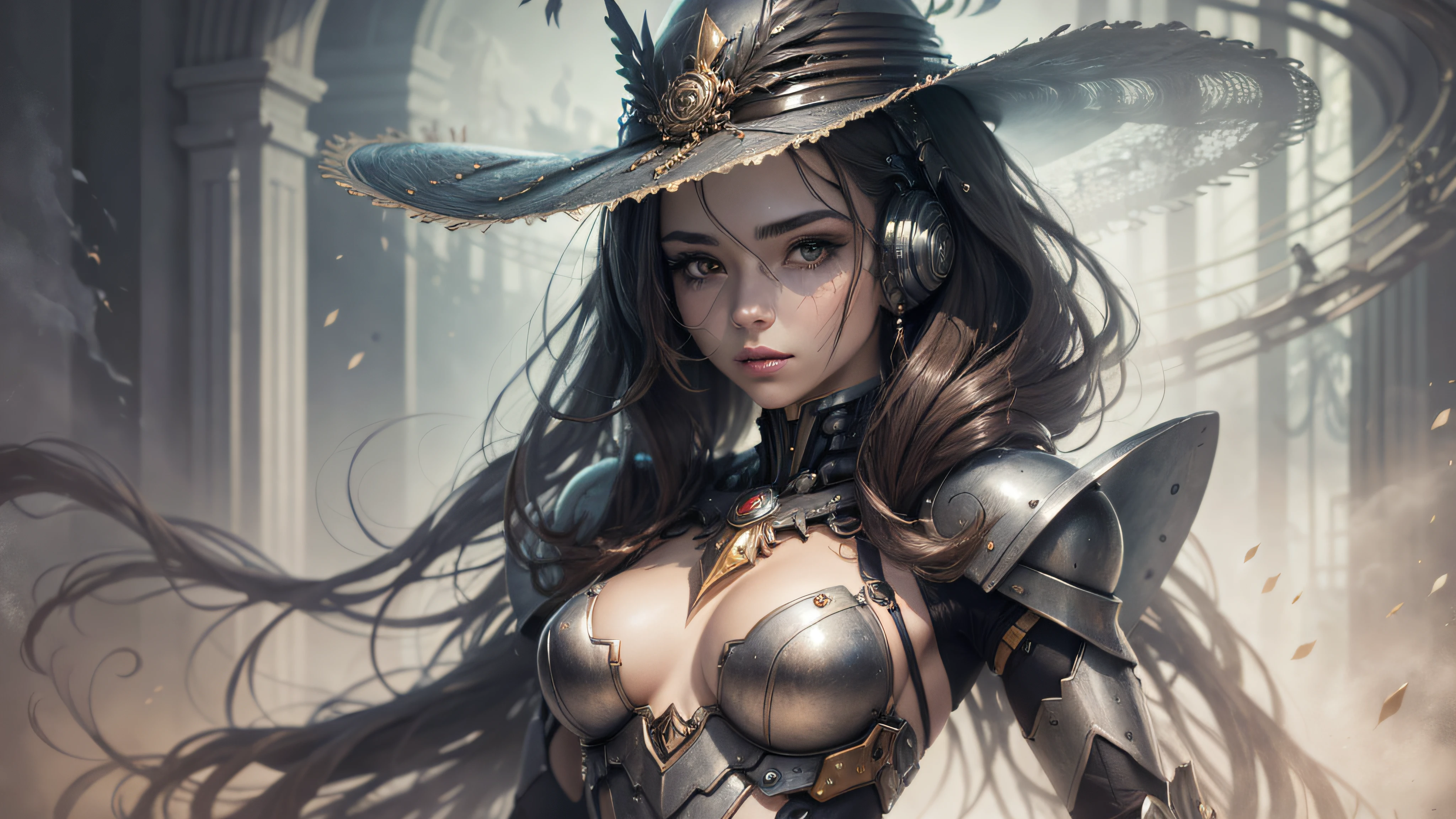 A Helder Arte desenho AI da SeaArt, that AI artistic creativity in an easy and uncomplicated way, Beautiful and ornamental hat, corpo inteiro, vestido lindo e decotado, corpo escultural, mecha de metal, desgastado,