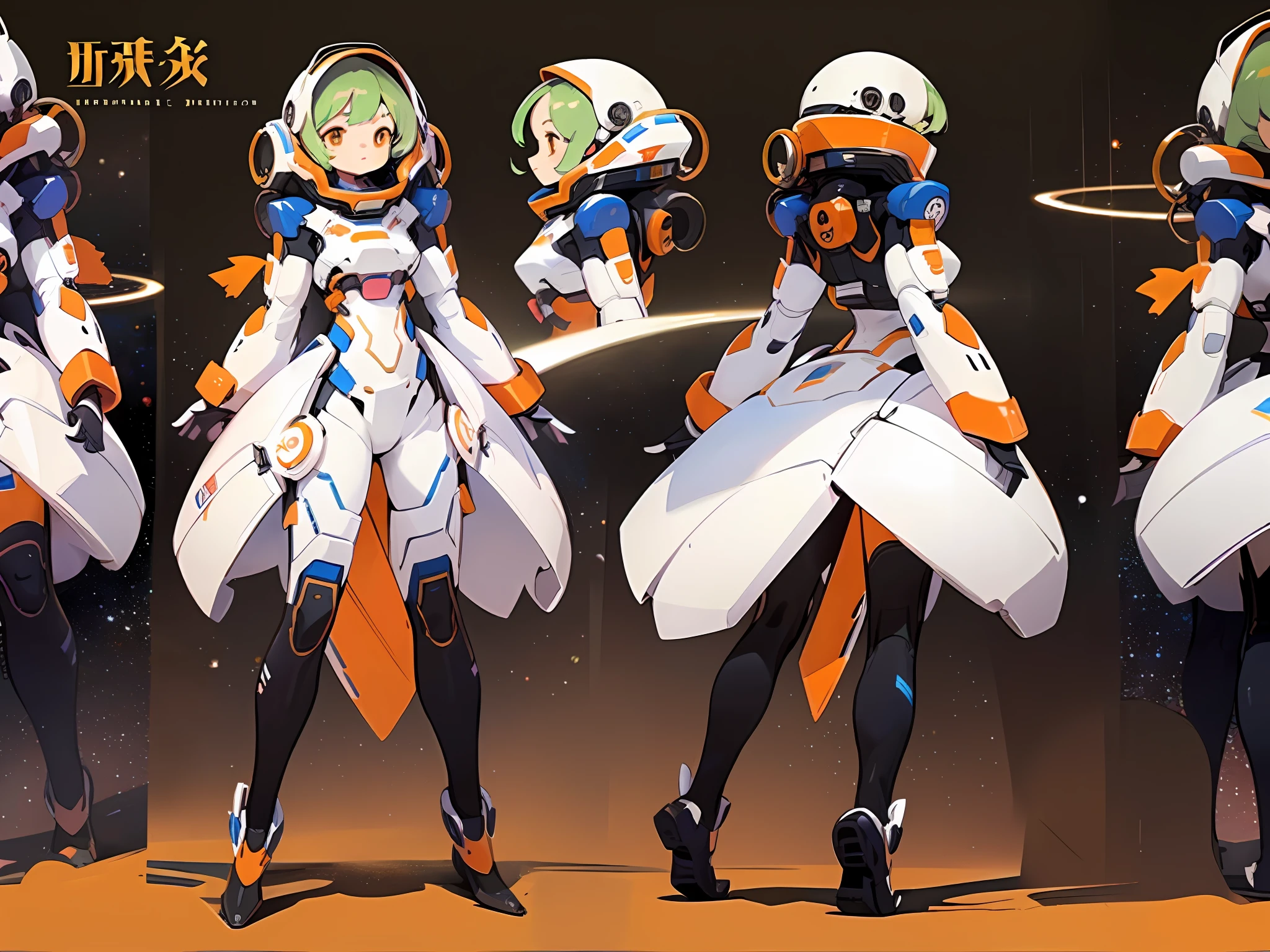 ((masterpiece)), (((best quality))), (character design sheet, same character full body, front, side, back), Illustration, 1 girl, dancer ,deep orange messy long hair, slanted eyes, environment change, pose kota,mars , female, decorted colorful heavy space suits, stars, charturnbetalora, (simple background, white background: 1.3) ,--6