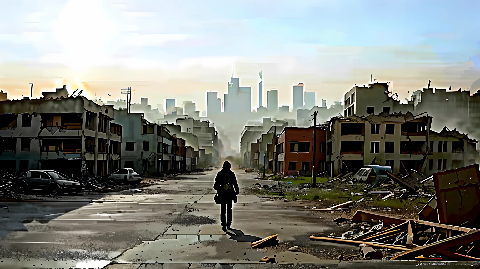 A destroyed city, Post apocalyptic, com almas vagando, realista