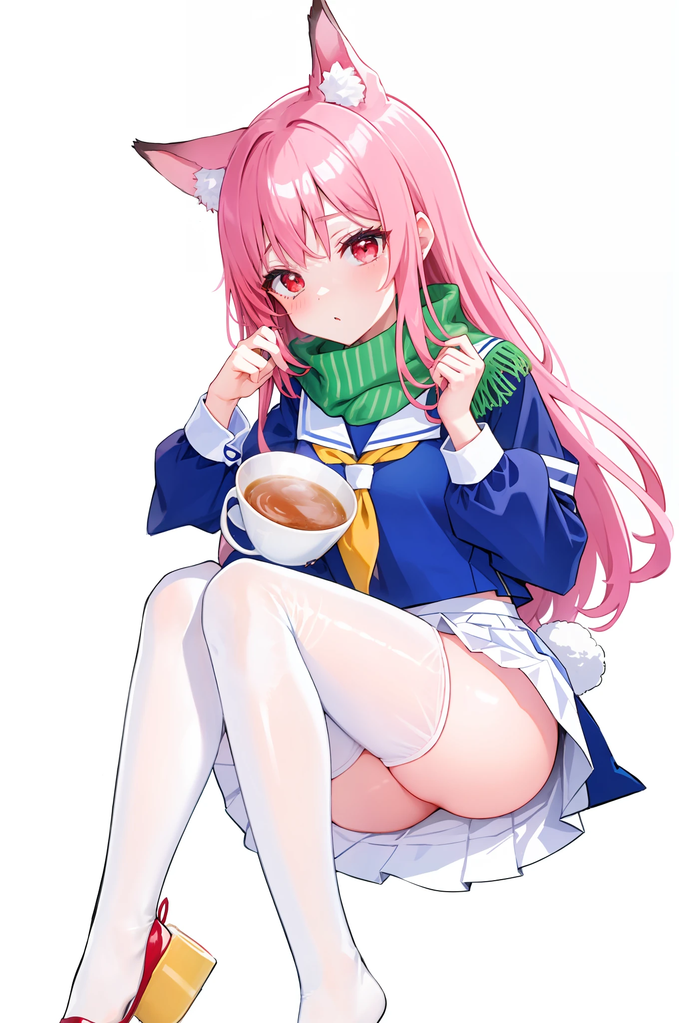 in container, five girls, 独奏, lacepantyhose, long whitr hair, White panty hose, red eyes, a skirt, 校服, brunette color hair, no shoe, Animal ear, white backgrounid, blue skirts, simplebackground, serafuku, By bangs, White sailor collar, Rabbit ears,Sailor collar, longer sleeves, Blue Serafo, fakeanimalears, blue-shirt, The shirt, Scarf, green scarf, full bodyesbian,sitted,(Ccup:1.2),in mug,kawa,looking at viewert,While drinking milk,While drinking milk,