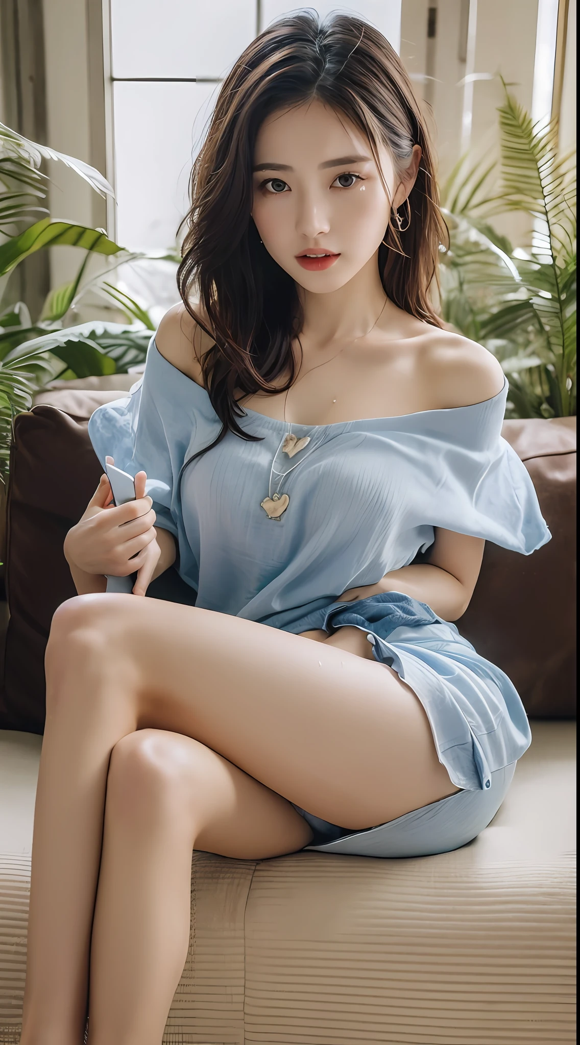 ((Best picture quality, 8K, tmasterpiece:1.3)), 1girll, Beautiful woman with slender abs:1.3, Casual hairstyle, off the shoulder dress,(wet see through clothes:1.4),Ultra-fine face, A detailed eye, 二重まぶた,(long leges:1.4),espadrilles,Sofa sitting position