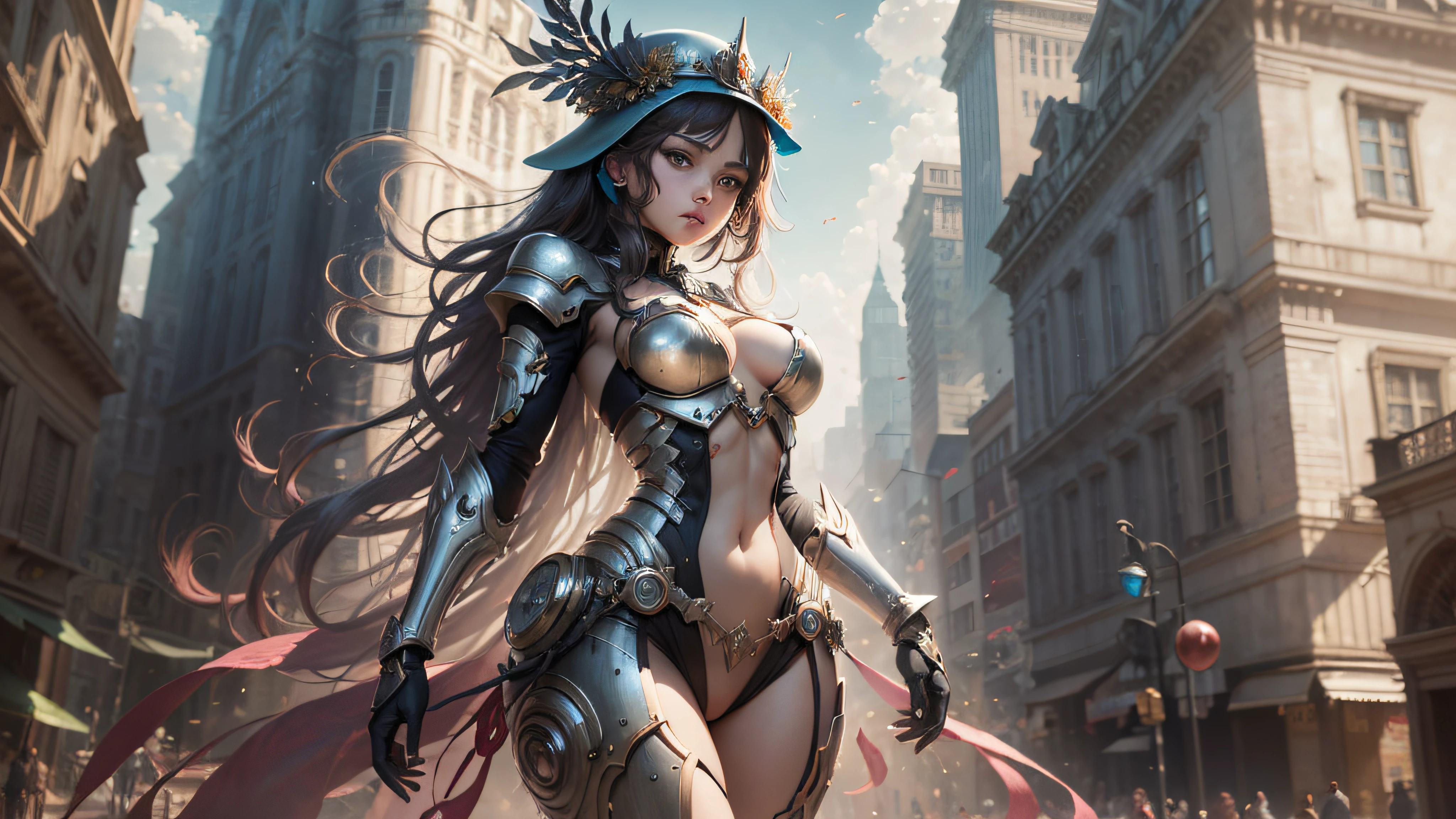 A Helder Arte desenho AI da SeaArt, that AI artistic creativity in an easy and uncomplicated way, Beautiful and ornamental hat, corpo inteiro, vestido lindo e decotado, corpo escultural, mecha de metal, desgastado,