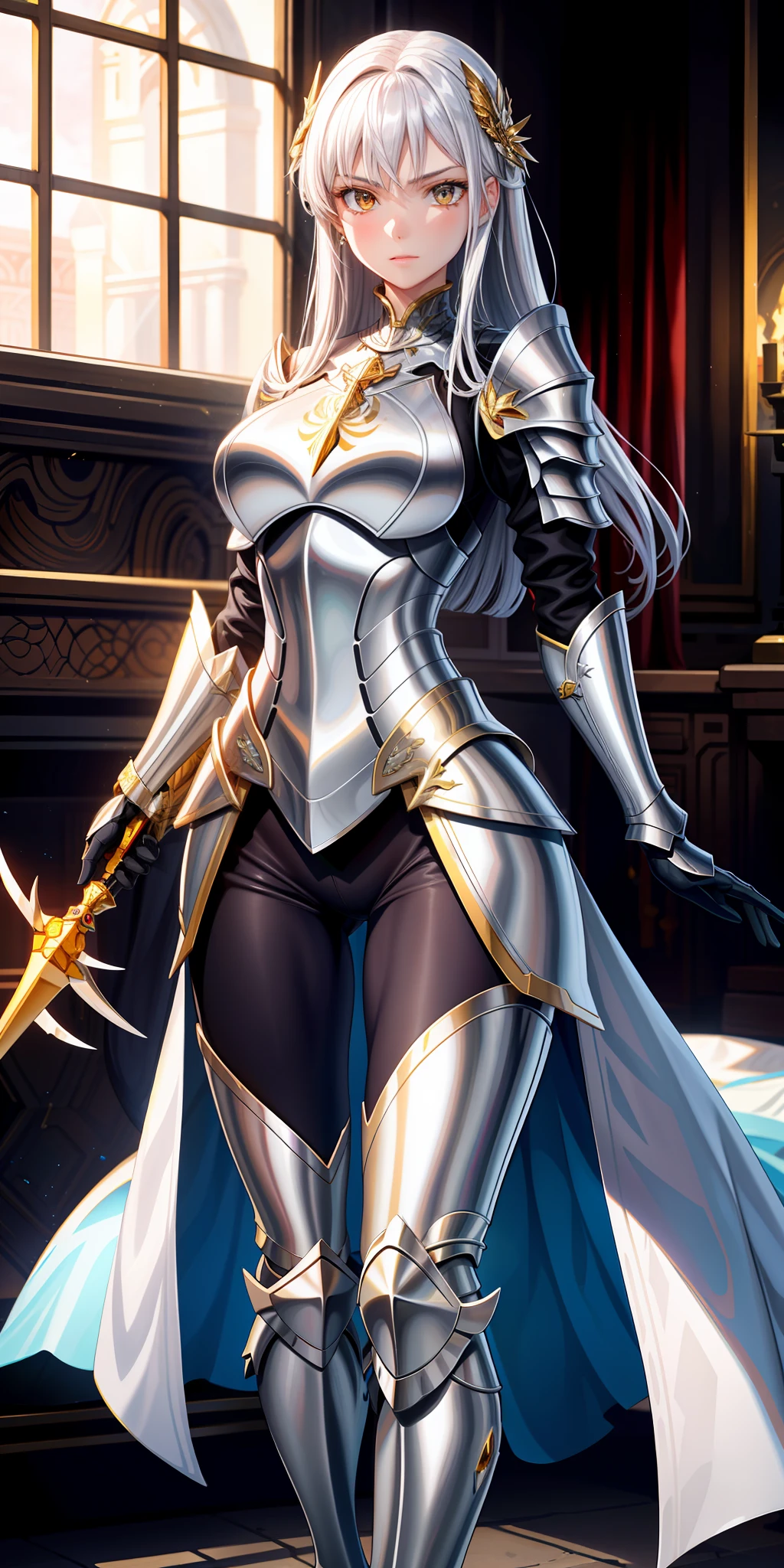 realisticlying，1girll，silber hair，Amber eyes，Armor decorated with precious stones，sabre，Smooth skin，busty figure，More coordinated body proportions，Ride a white griffin