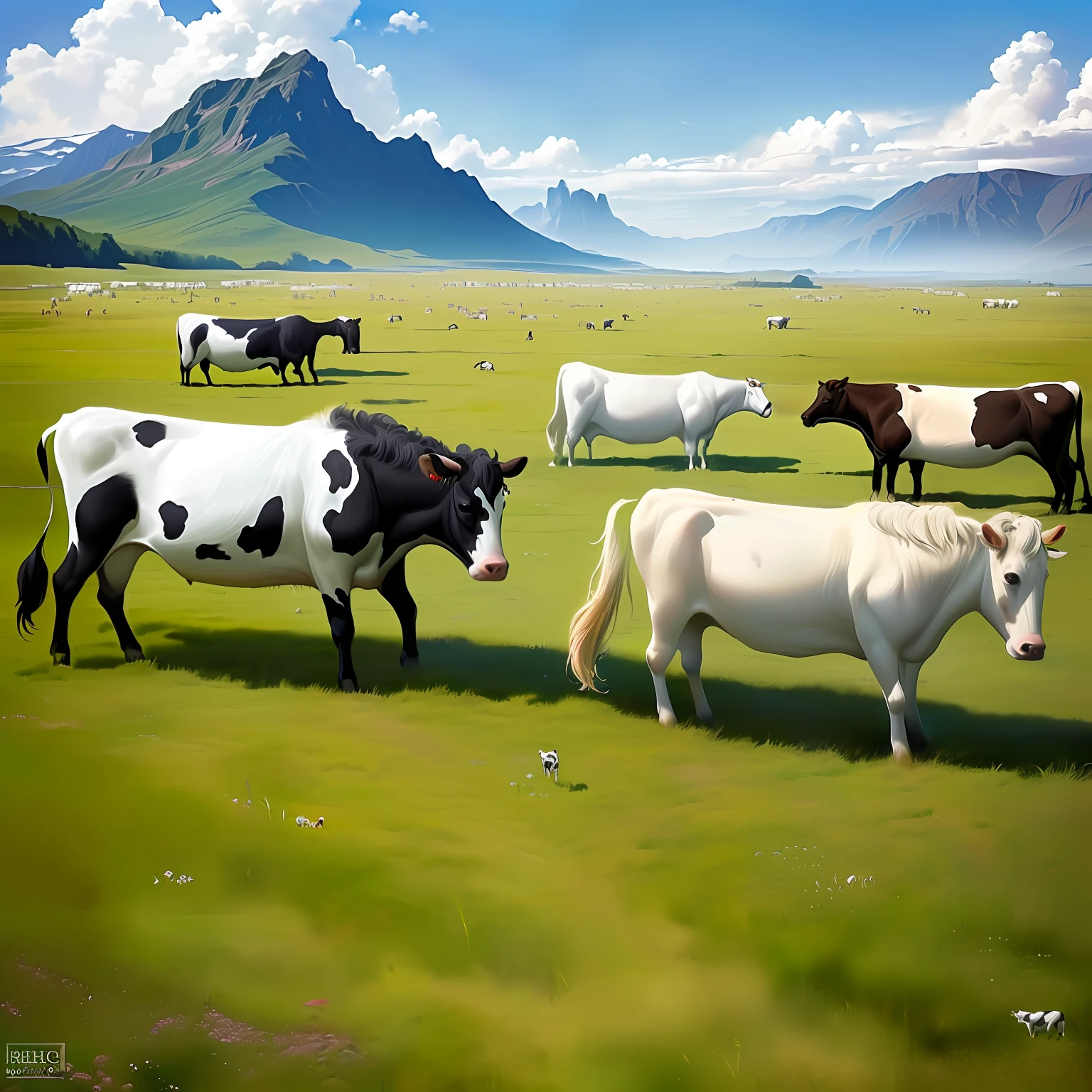 There are a lot of cows standing together on the grass, random cows, green pastures stretch for miles, pastures, Grazing,  stunning photo real concept art, highly realistic concept art, ultrarealistic matte painting,