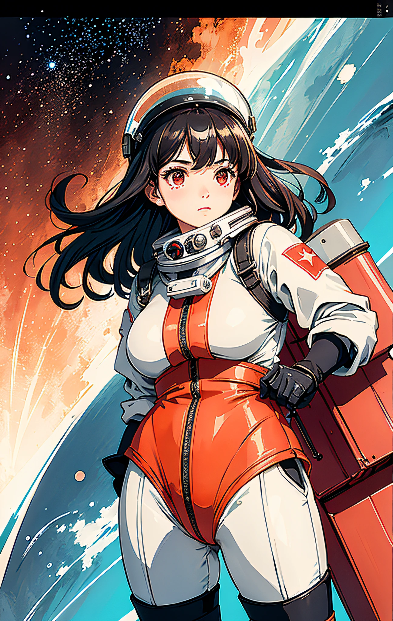 1girl,flat_breasts,cute,beautiful detailed eyes,shiny hair,visible through hair,hairs between eyes, CCCPposter, sovietposter,red monochrome,soviet poster, soviet,communism,
Black_hair,red_eyes,vampire,teenage,poorbreast,Spacesuit:Orange_clothing_body:jumpsuit),white_gloves, white_space shoes, white_helmet, the CCCP red letters on the top of helmet, weightlessness, Side light, reflection, The person in the spacesuit is at the bottom left of the frame, The right hand is outstretched, the right hand gently touches the Salyut space station), Space station in the upper right corner of the screen, Reflected light from the sun, Silver metal,red flag, brilliance,USSR style, diffuse reflection, Metallic texture, The vista is a blue Earth,mecha style,the sea of star,high tone, magnificent