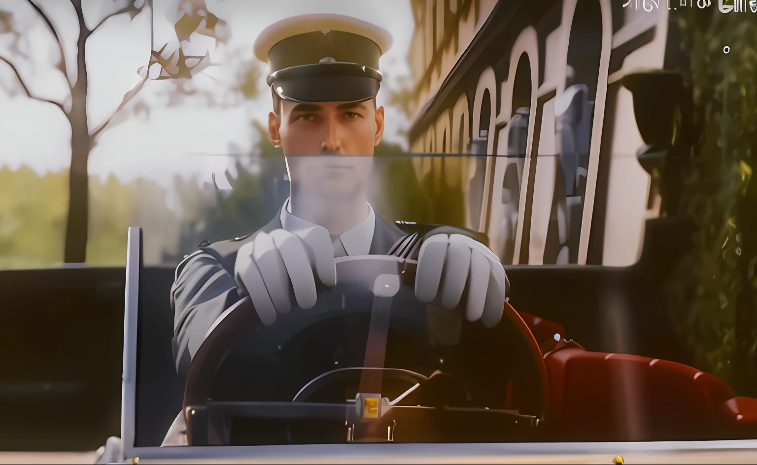 On the streets of Germany a German soldier in military uniform driving a retro car，With white gloves, the convertible vista is a stunning composition