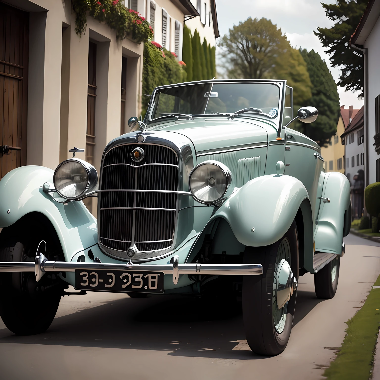 A German soldier in uniform is driving,With white gloves classic cars convertibles vintage cars German streets last century --auto