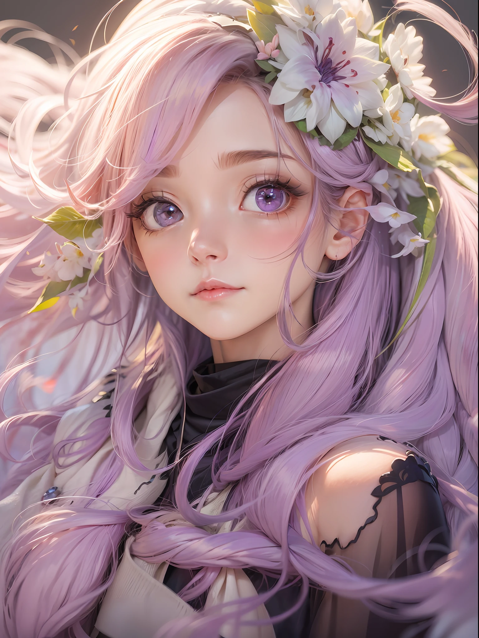 Blonde hair, hair flower, head wreath, Gradient_Eyes, long eyelasher, tsurime, wince, eyebrows behind the hair, Purple hair, Very long hair, Floating hair, Absurdly long hair, Anime, first person perspective, neo-classical, Renaissance, 8K, A high resolution, Best quality
