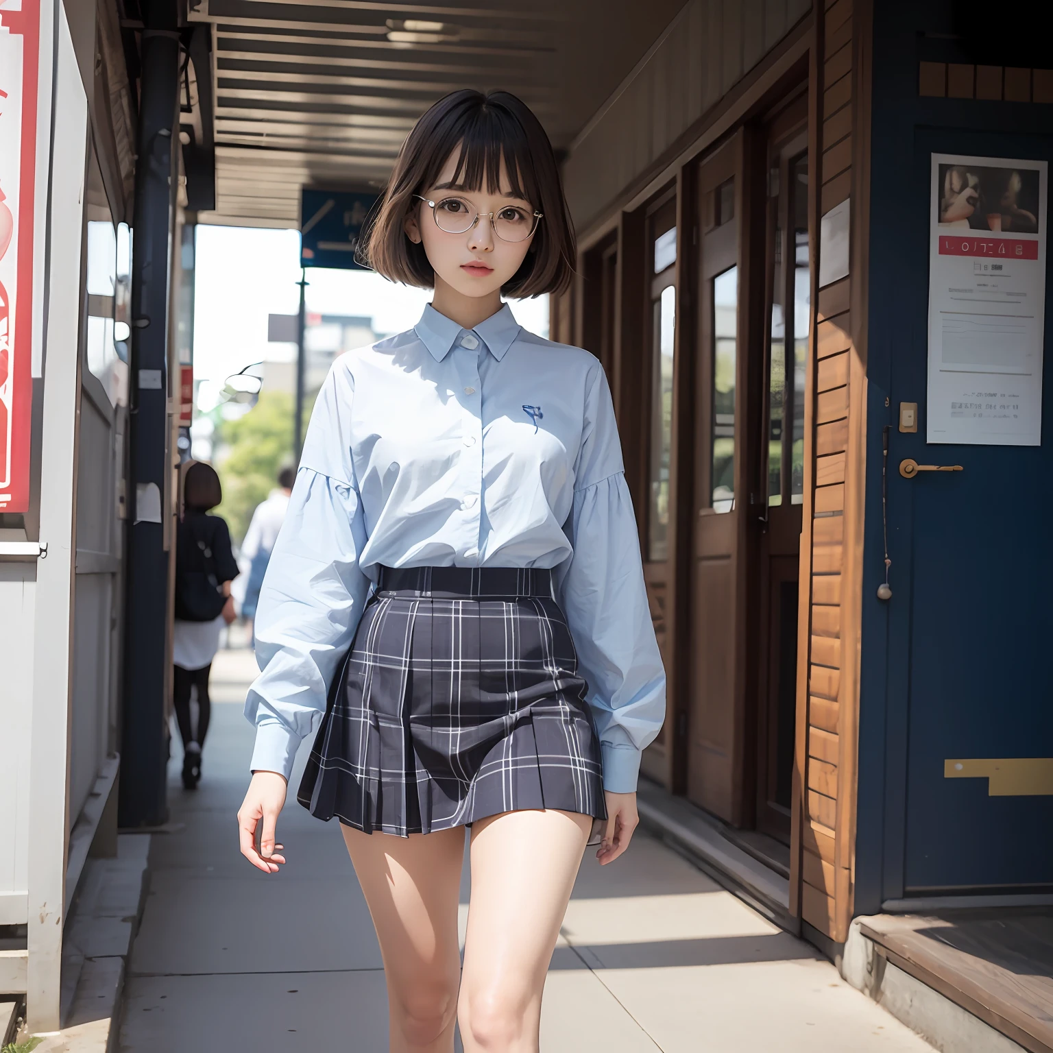 (8K、Raw photography、top-quality、masterpiece:1.2),full body Esbian,masterpiece,top-quality、超A high resolution,Raw photo,ren,Beautiful fece,shorth hair,One Person, 独奏,eye glass,,Dark look,Small breasts,fullllbody,Round glasses、cute little、A Japanese Lady,is standing,(Tight eyes,Bullish,skinny,Rasping,irate,small tits,flat breast)、(Photorealsitic:1.37)、Photon mapping,Light blue ribbon,Realistic、Cute little face,Brown-eyed、Black socks、Red bow tie、Radio City、Physically Based Rendering、Foreground、depth of fields、Blurry background、a picture,The girls、Body, Long legs, Thin leg, bob cuts,(Bangs are visible), hair, s lips, Blue_The eye, nosesoft, Light blue shirt, Navy blue and blue and white f floral plaid pleated skirt, Sheer clothing,, Thigh, Black cotton socks,Nogizaka Idol, 女優, Japanese ido