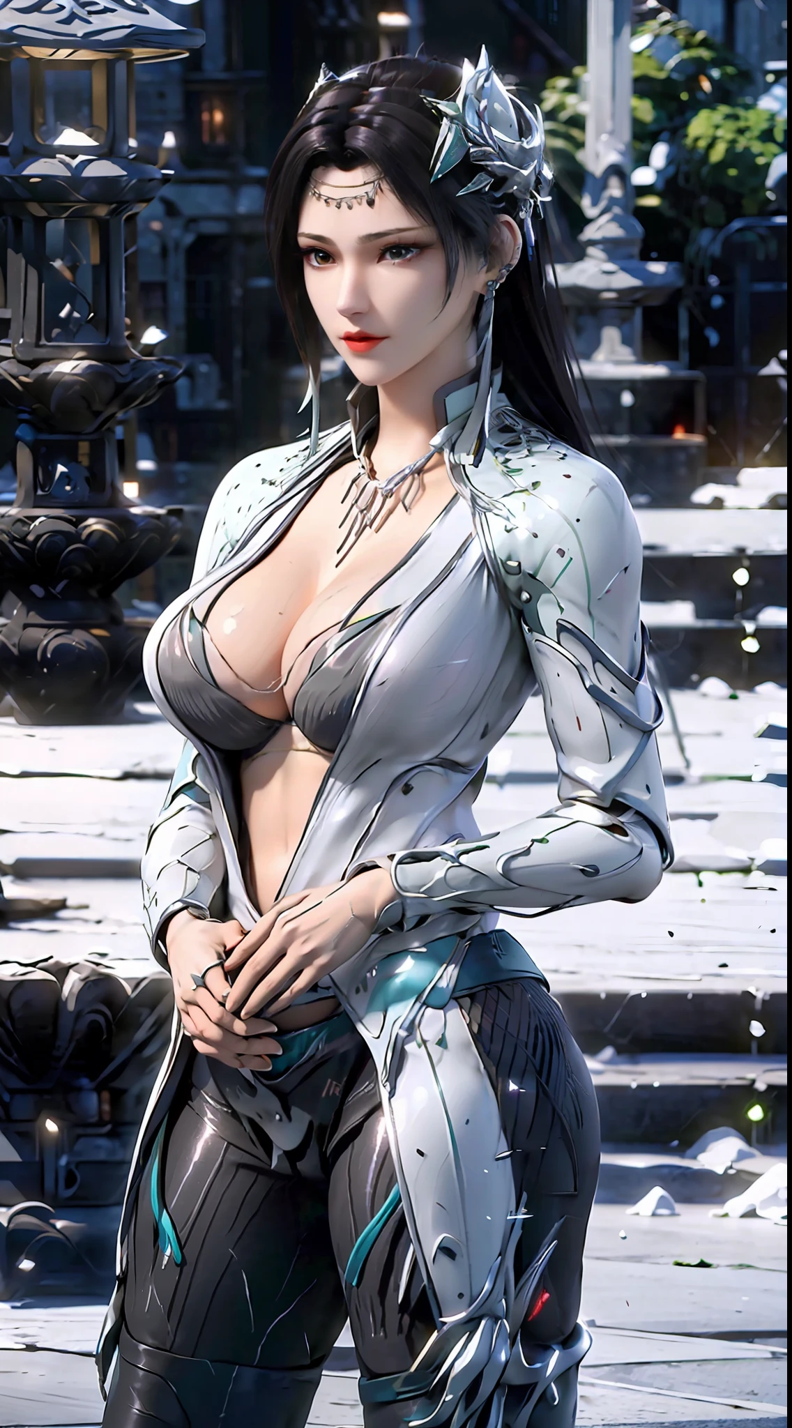 ((Unreal Engine 5)), Realistic Rendering, Excellent, ((mecha)), (Yoga Pants), looking on viewer, Dynamic pose, cyberpunk city, beautiful face, makeup, (photorealism:1.2), ultrarealistic uhd face, (huge fake boobs:1.4), (gigantic breasts:1.1), (muscle abs), (big butt), (wide hips), (thick thighs), slim waist, hourglass figure, ((glowing skin)), ((shiny skin)), Realistic body, ((she is sexy)), ((clean skin)), photorealistic, bokeh, masterpiece, highres, 1080P.