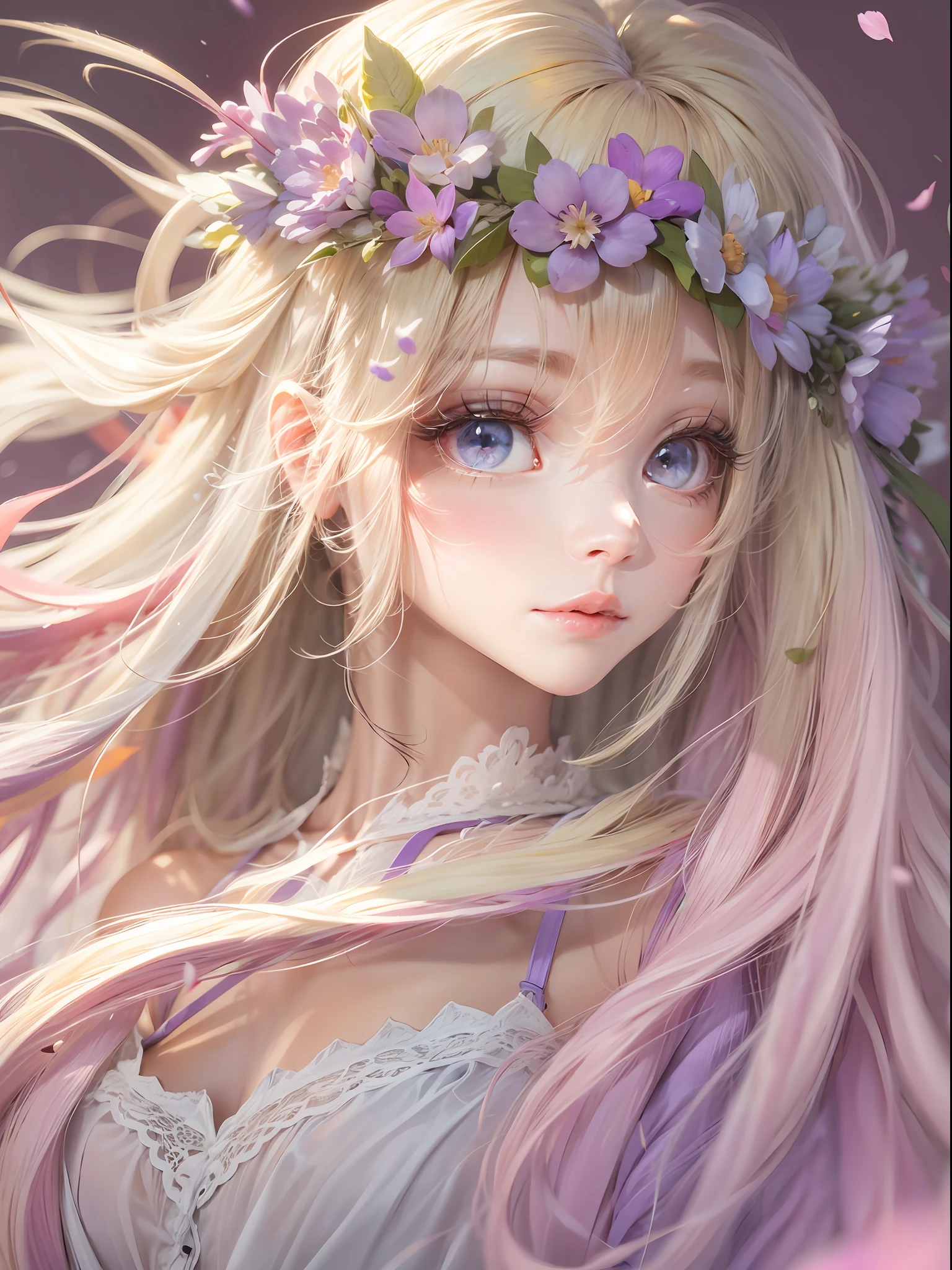 Blonde hair, hair flower, head wreath, Gradient_Eyes, long eyelasher, tsurime, wince, eyebrows behind the hair, Purple hair, Very long hair, Floating hair, Absurdly long hair, Anime, first person perspective, neo-classical, Renaissance, 8K, A high resolution, Best quality