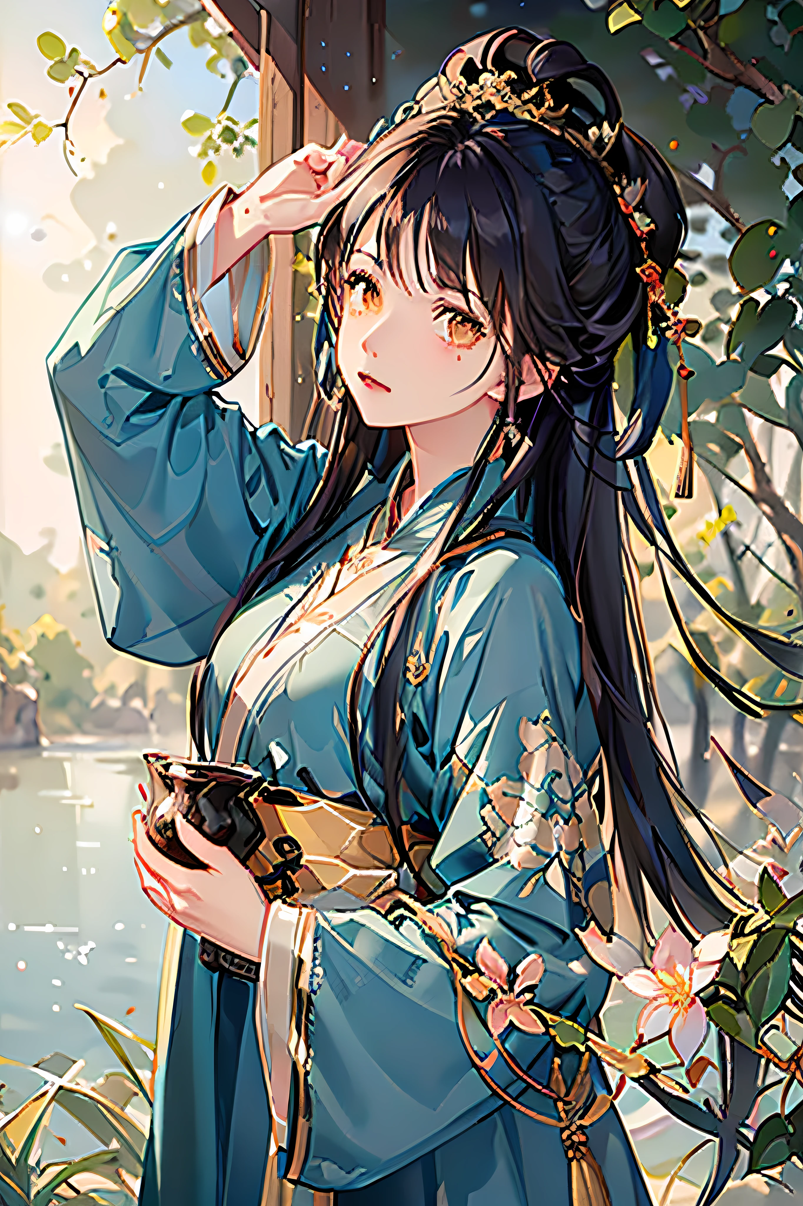 "Feast your eyes on this: a stunning masterpiece rendered in the highest quality possible. Intricate details abound, from the stunning beauty of the detailed water (weighted 1.4 for maximum impact) to the exquisite Hanfu and Tang style clothing. And what about those yellow eyes? Paired with the inclusion of a girl in a glass jar (weighted 1.1 for extra emphasis), this is truly a scene unlike any other!"