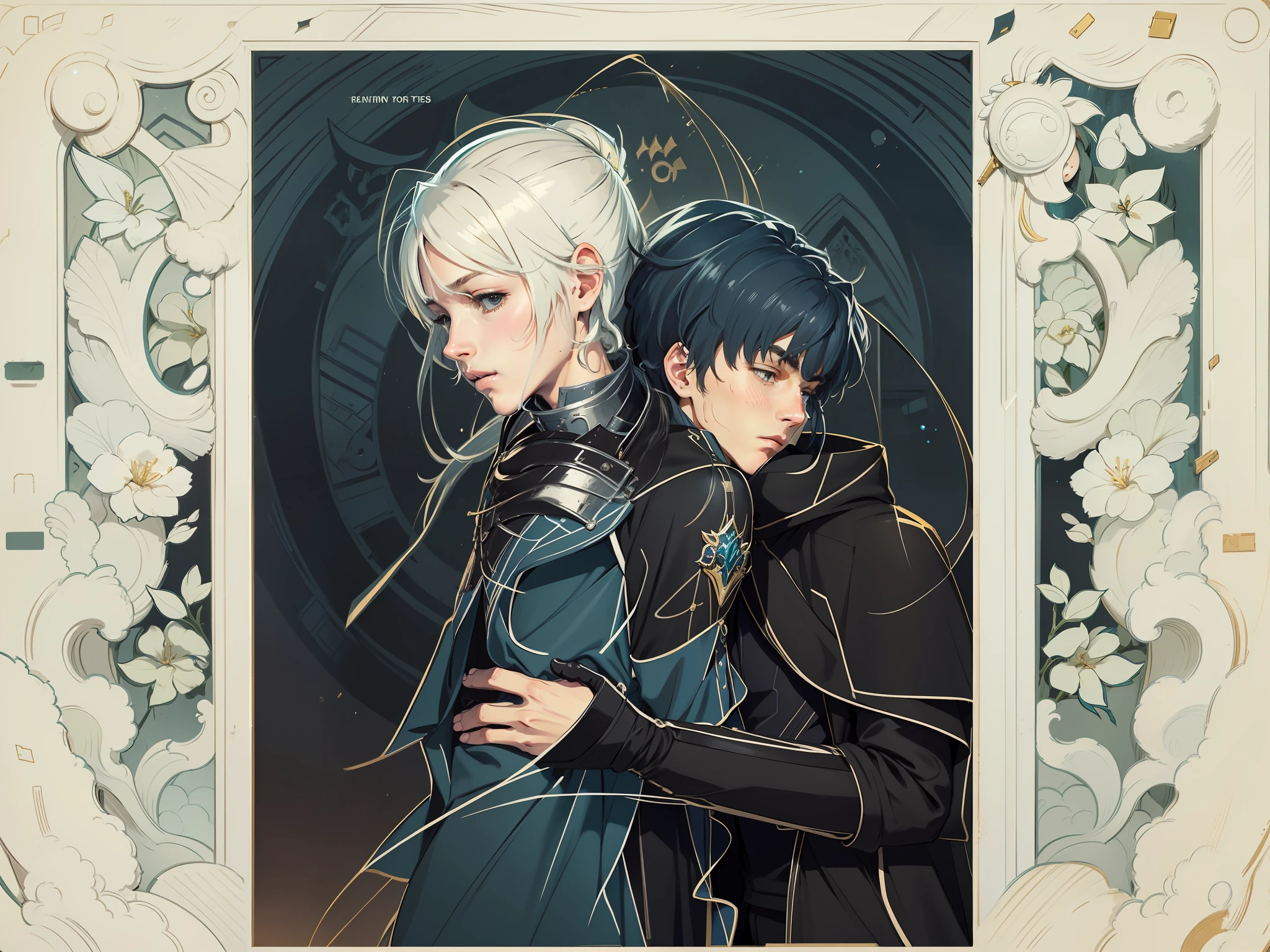 Two boys,The boy on the left has an antique flowing coat,The boy on the right is half a battle armor,Two boys hugging,long whitr hair,High ponytail,