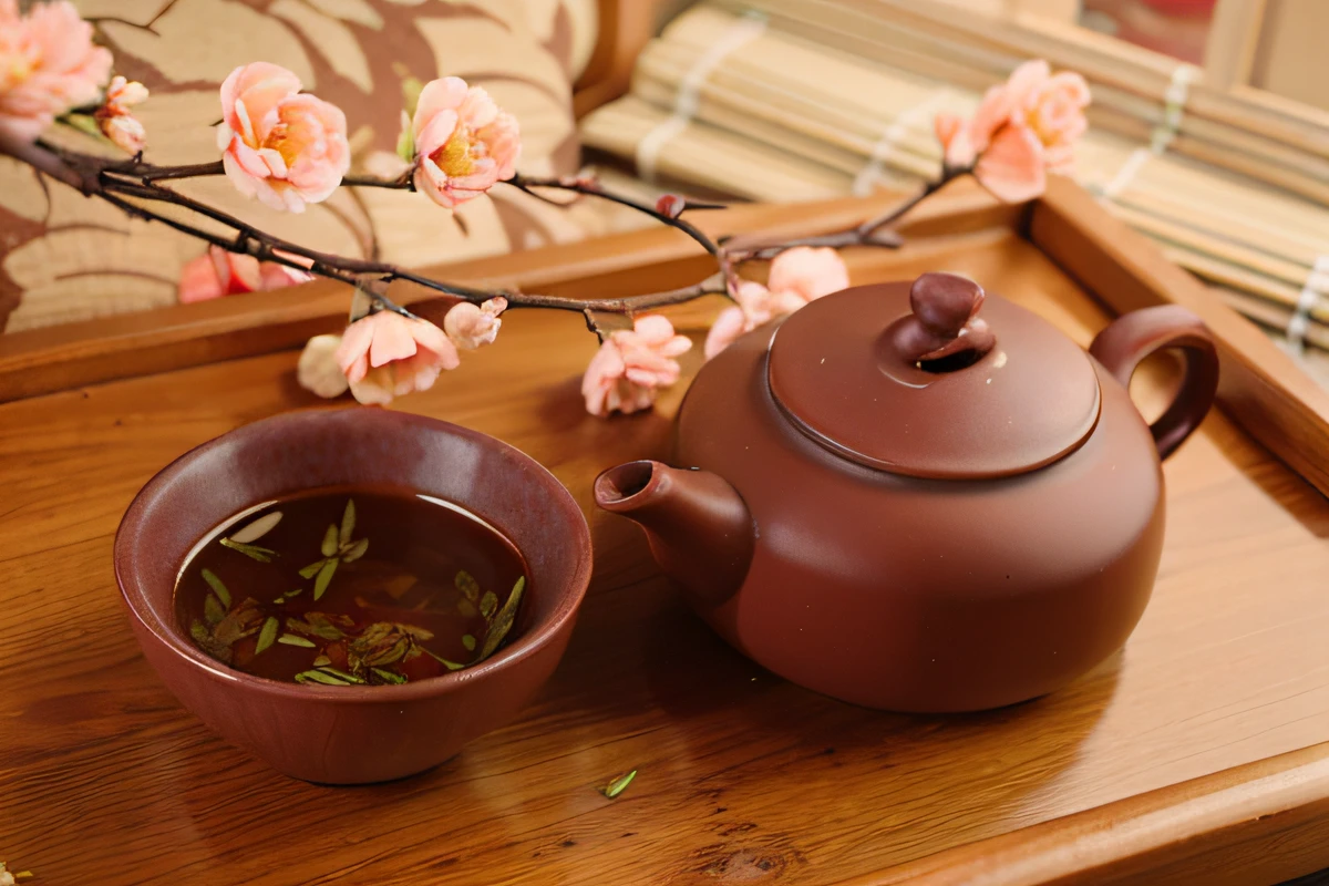 There was a teapot and a cup of tea on the tray, tea ceremony scene, author：Liao Zhichun, Chinese traditional, pot, daoshu, teapot, Tea, qiangshu, inspired by Sesshū Tōyō, teapot, author：Li Meishu, inspired by Shūbun Tenshō