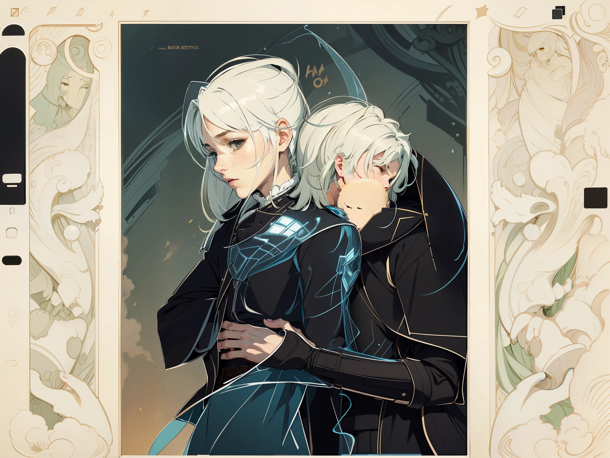 Two boys,The boy on the left has an antique flowing coat,The boy on the right is half a battle armor,Two boys hugging,long whitr hair,High ponytail,