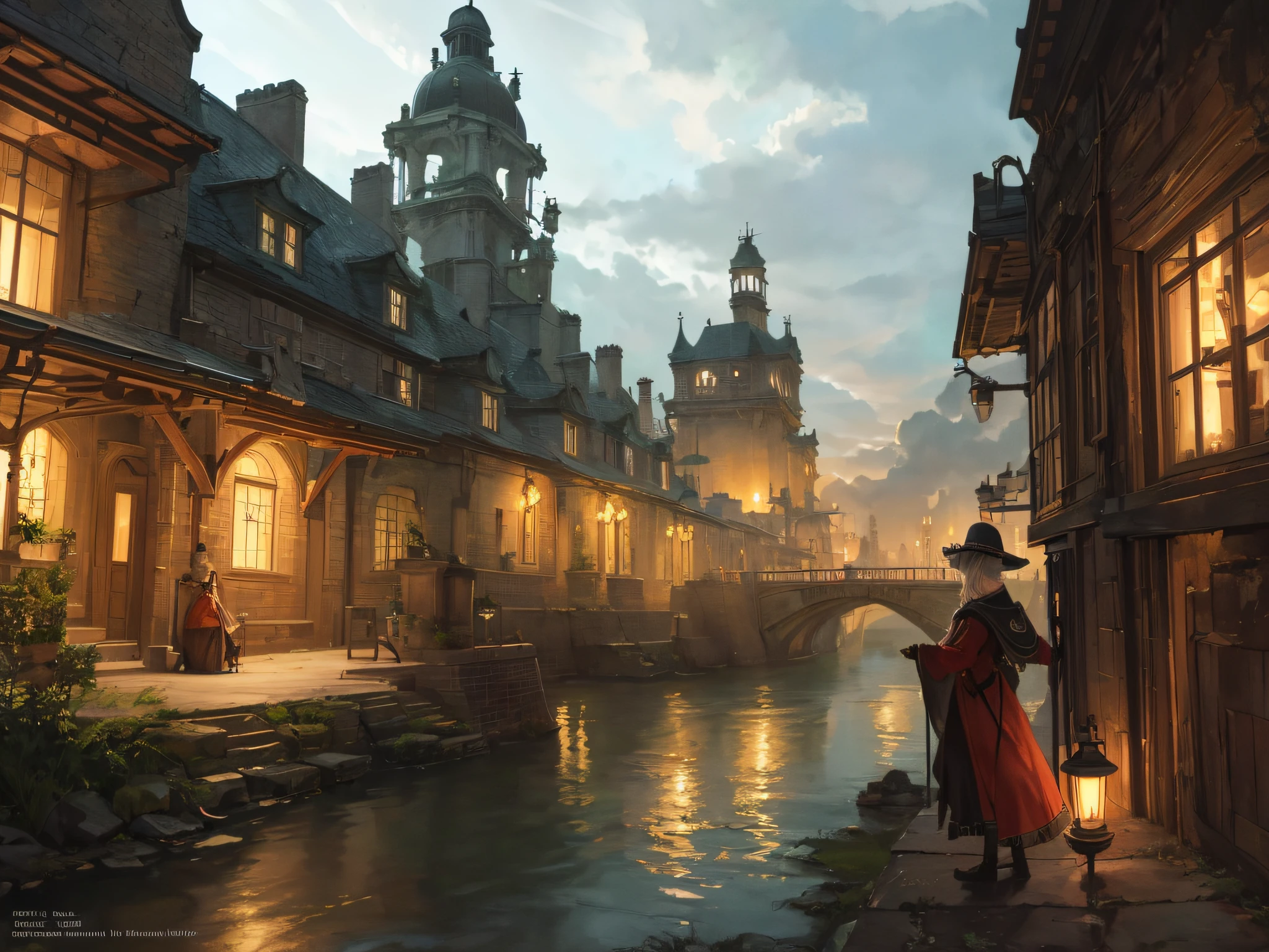 a color (Fantasy: 1.2), (Early 19th century style), Underground city, houses in the style of the early 19th century, (industrial revolution), (Plants), Work, arches, Plants, lanterns, Sateen, crowd, dressed in the style of the Industrial Revolution, bridges, Train, Floral decorations, Lights, ConceptArt, Artstation contest winner, Fantasy art, by Ross Tran, light shafts, Realistic lighting, tmasterpiece, hiquality, Beautiful graphics, higly detailed, tmasterpiece, hiquality, Beautiful graphics, higly detailed, low key light, gloomy atmosphere, smoke from chimneys, darkness --v6